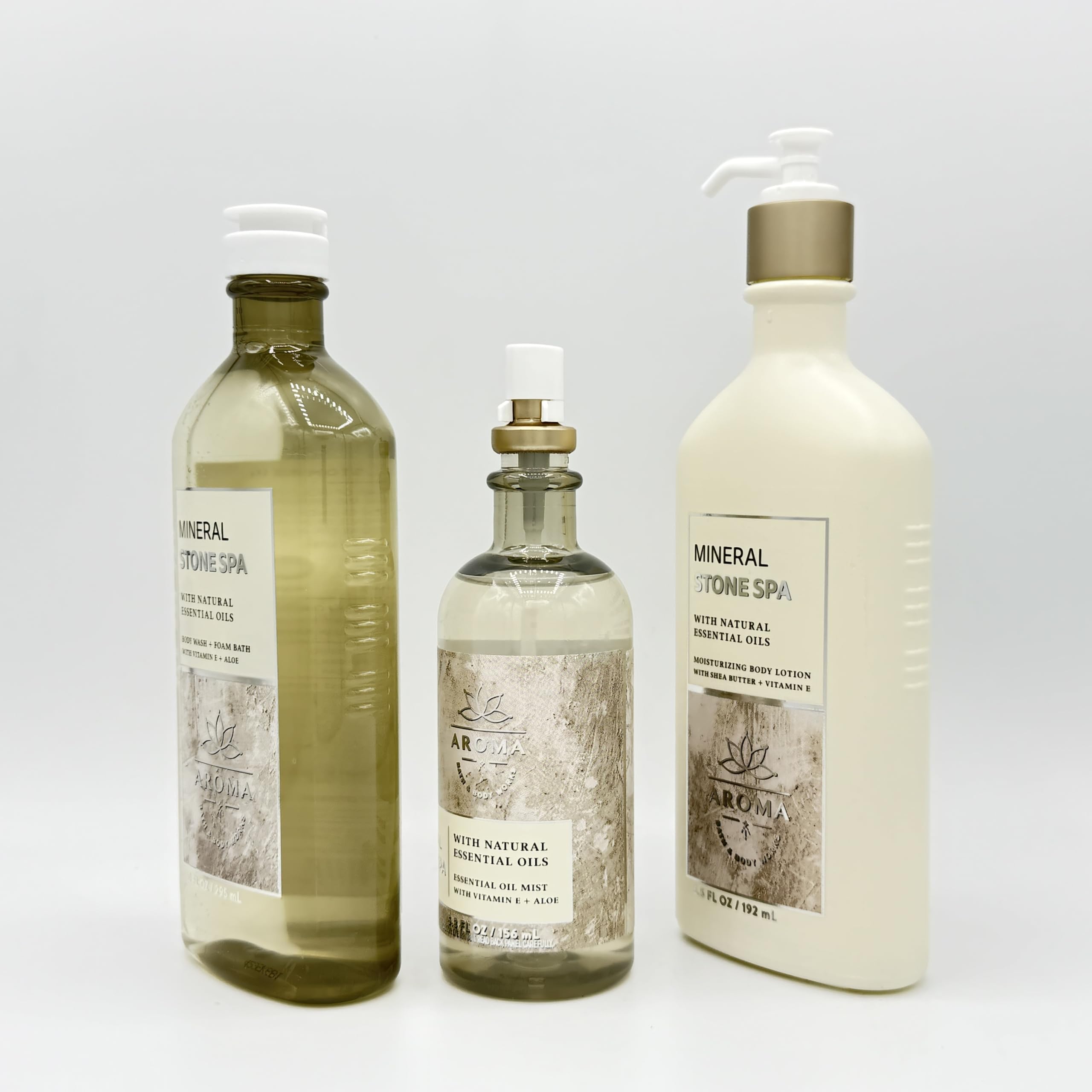 Mineral Stone Spa Aroma Bath & Body Gift Set - 3 Piece Bundle with Body Wash, Essential Oil Mist & Hydrating Body Lotion | Relaxing Self Care & Spa Day at Home