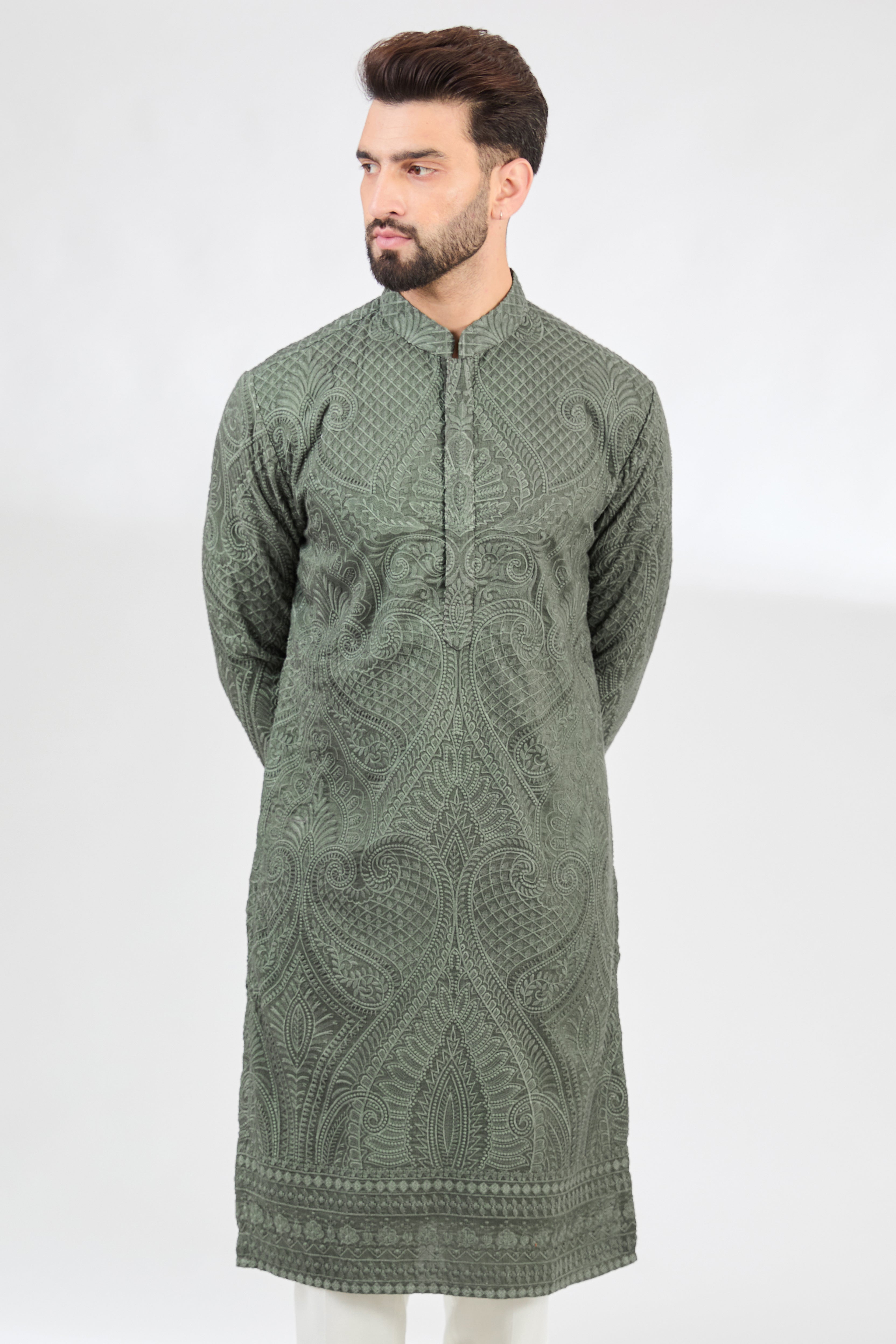 Military Green Kashmiri Embroidered Chikankari Kurta for Women - Traditional Indian Handcrafted Tunic - Perfect for Festivals, Weddings & Ethnic Occasions