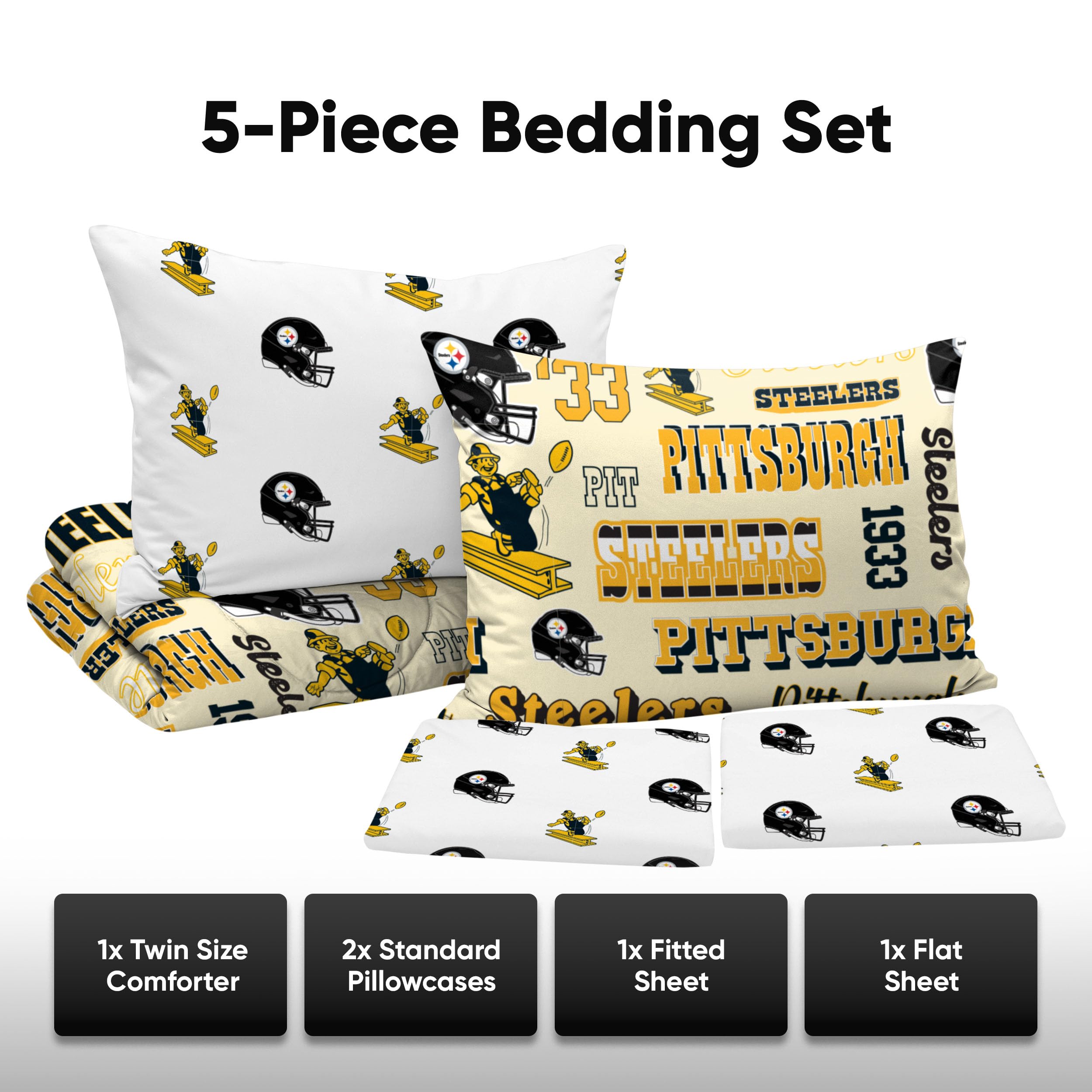 FOCO NFL Team Logo 5-Piece Bedding Set - Unisex Adult Comforter, Sheets & Pillowcases - Soft Microfiber Bed in a Bag for Football Fans - Perfect for Game Day Decor, Dorm Rooms & Themed Bedrooms