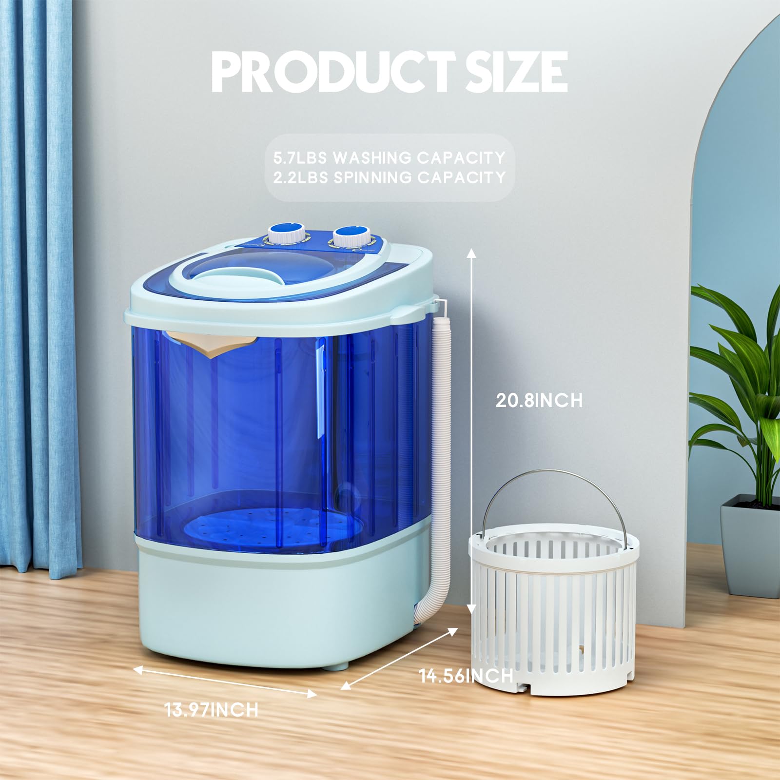 INTERGREAT Portable Washing Machine 11LBS - Compact Mini Washer with Single Tub for Small Spaces - Perfect for Apartments, Dorm Rooms, RV Camping & Travel - Energy Efficient Laundry Solution (Blue) - Great for Tiny Homes, Off-Grid Living & Emergency Use
