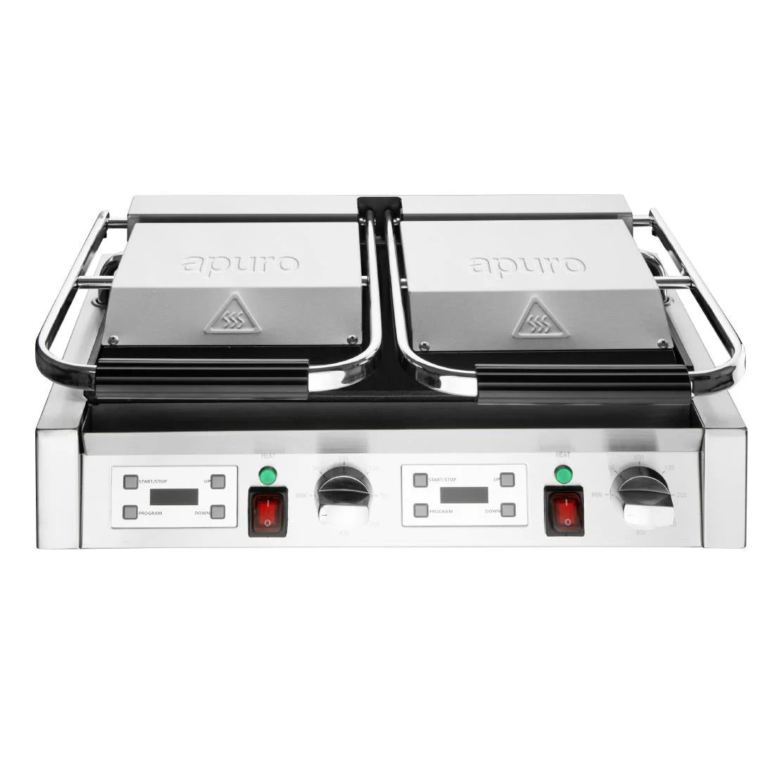 Apuro Double Contact Grill with Timer - Non-Stick Flat Plates for Paninis, Sandwiches & Burgers - Perfect for Home Cooking & Outdoor BBQs