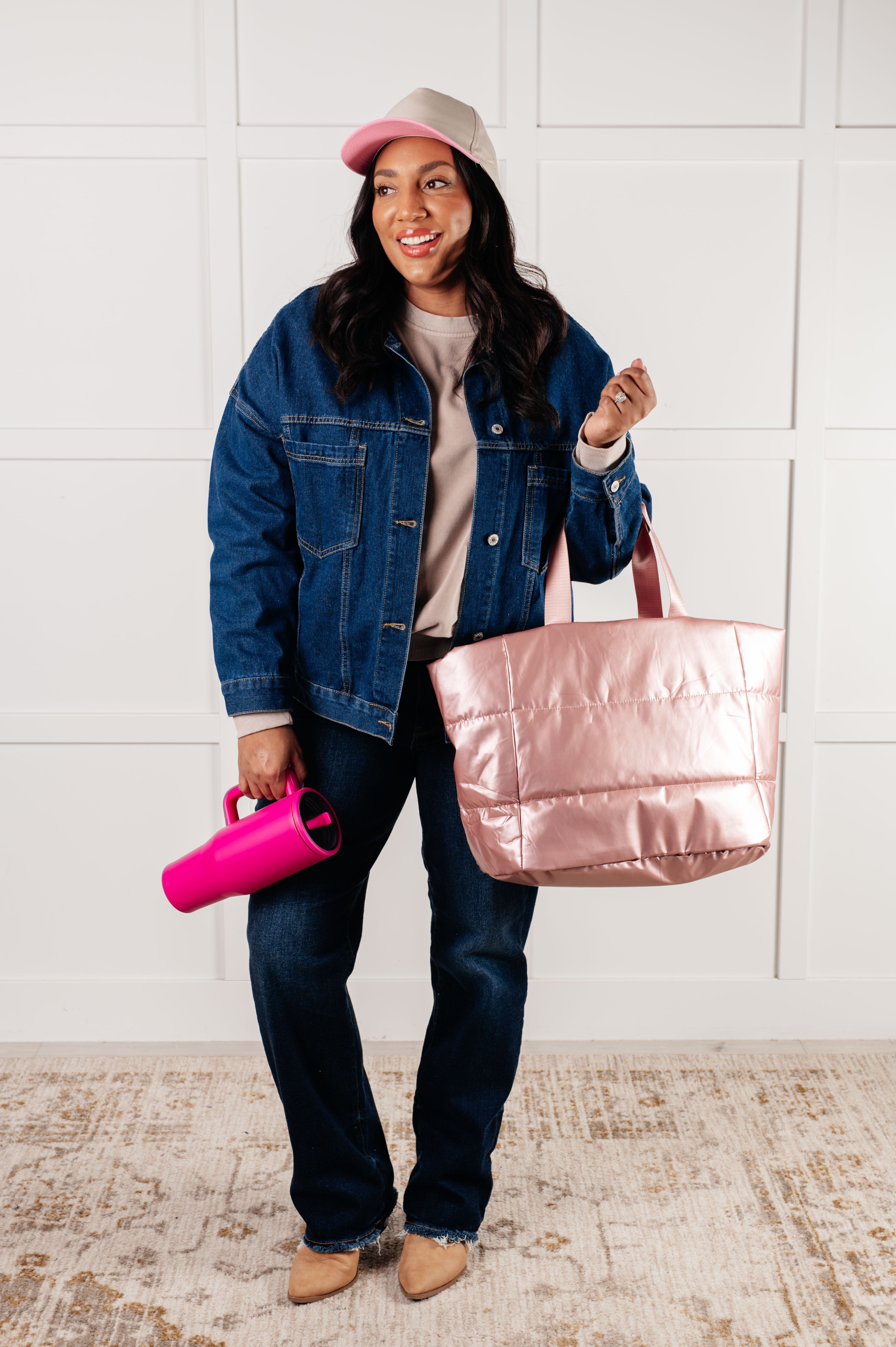 One More Thing Puffy Quilted Waterproof Tote Bag in Pink - Stylish & Durable for Travel, Beach, Shopping & Daily Use