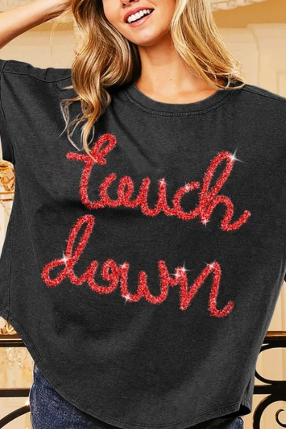 Vintage Washed Metallic Letter Touchdown Top - Retro Football Inspired Tee for Game Day & Casual Wear