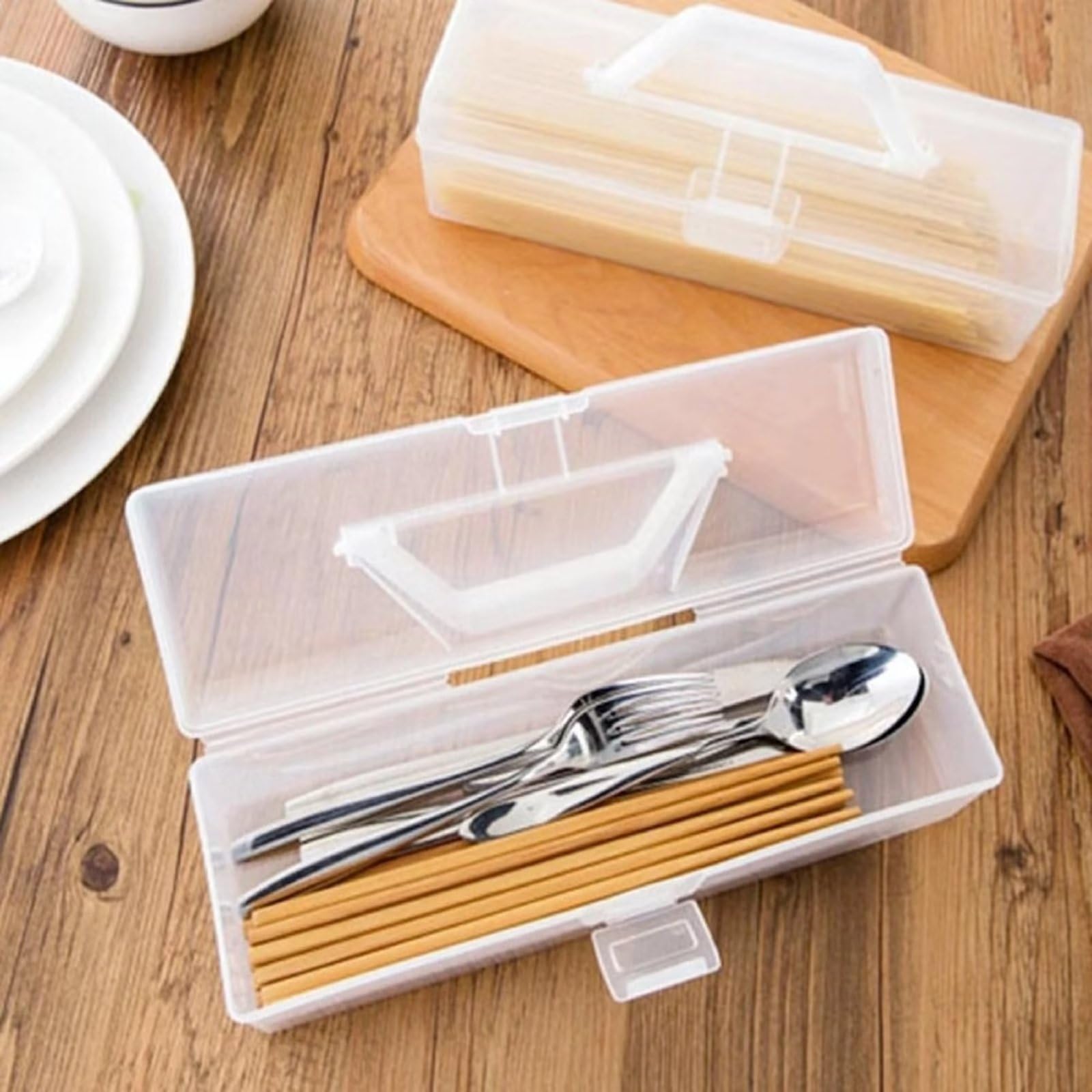 Airtight Plastic Pasta Storage Container with Handle - 11.6x3.9x3.5in White Noodle Organizer Box for Spaghetti, Dry Food, Tableware & Snacks | Kitchen Pantry, Camping & Meal Prep Essential
