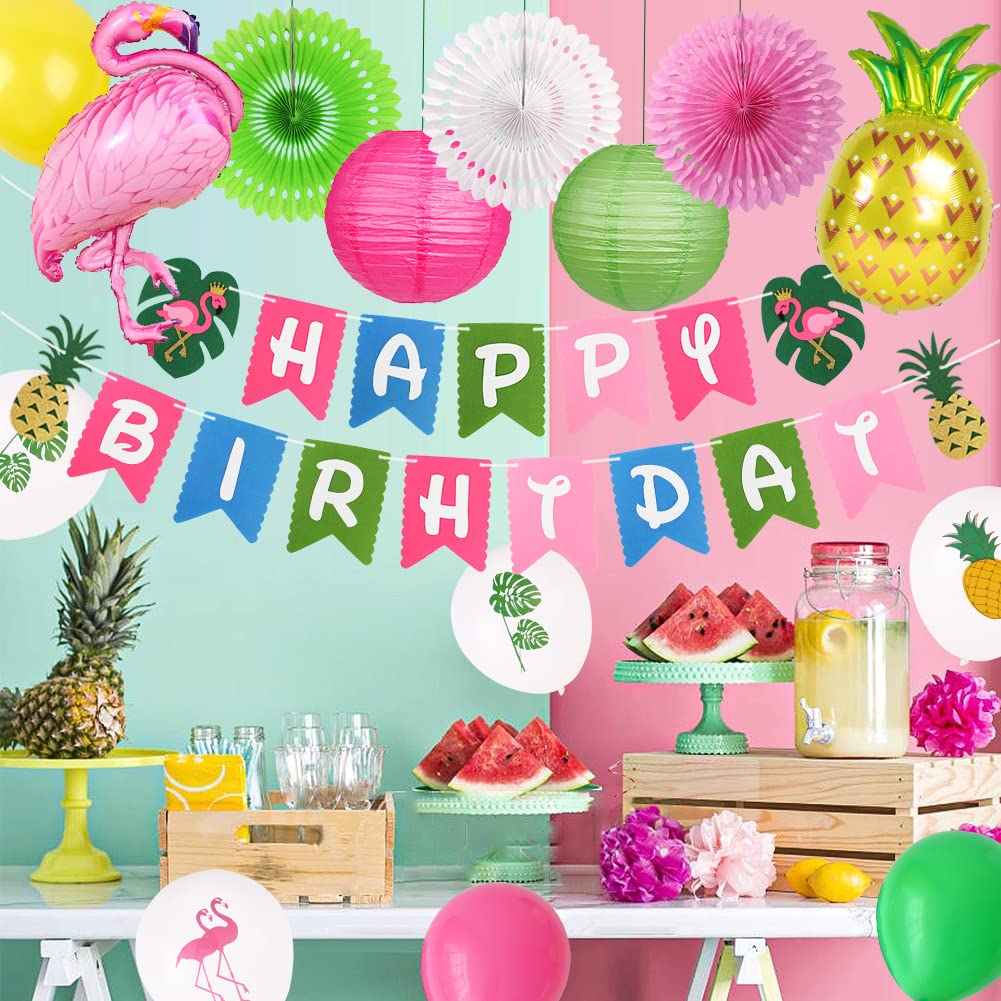Flamingo Party Supplies & Decorations - Tropical Birthday Banners, Paper Lanterns & Balloons for Hawaiian Luau, Pool Party & Summer Themed Events