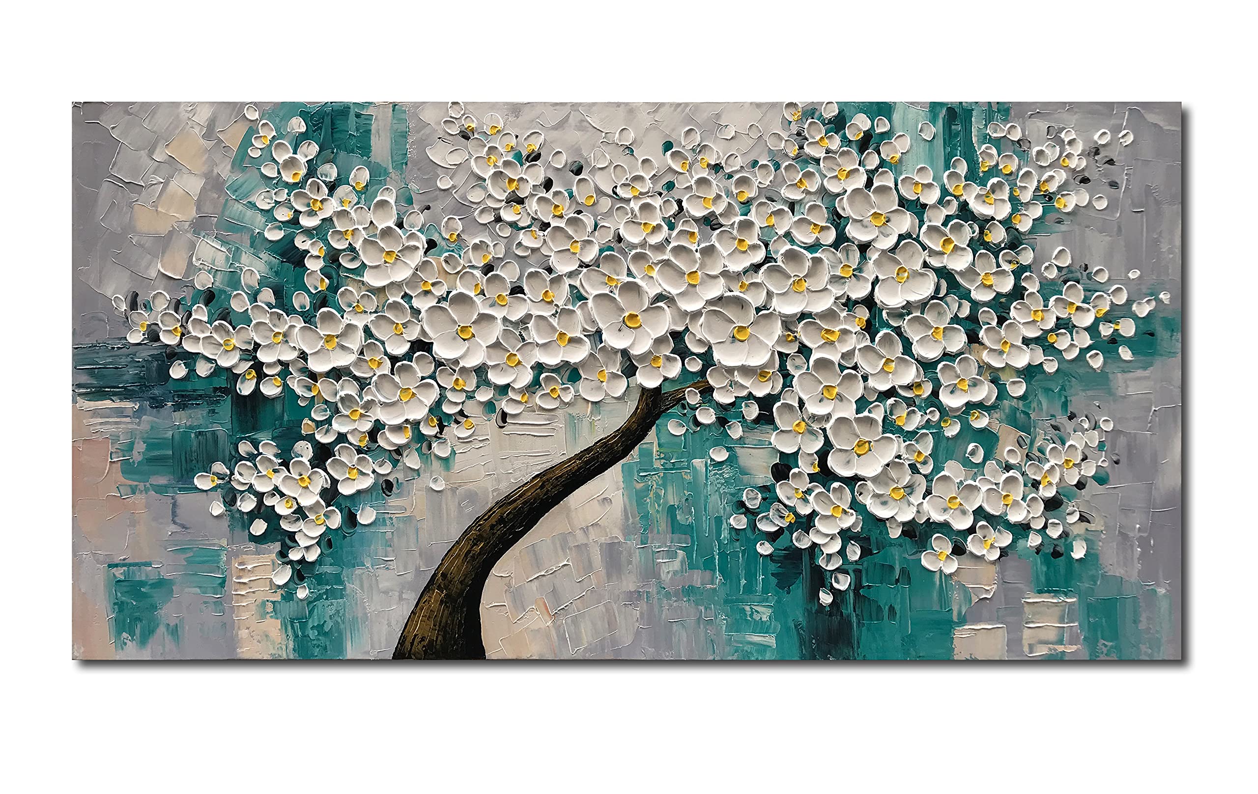 3D Abstract White Flower Tree Oil Painting - Textured Palette Knife Art - Modern Canvas Wall Decor for Living Room, Bedroom & Office (24x48 Inches) - Perfect for Home Decoration & Gift Giving