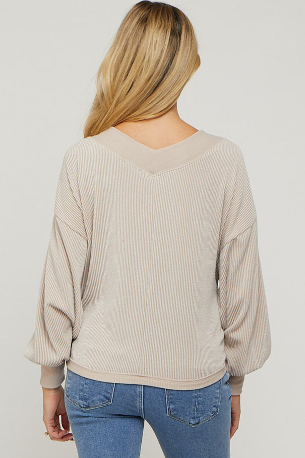 Beige Ribbed V-Neck Cropped Maternity Sweater for Women - Soft Stretchy Pregnancy Top for Casual Wear & Nursing Comfort
