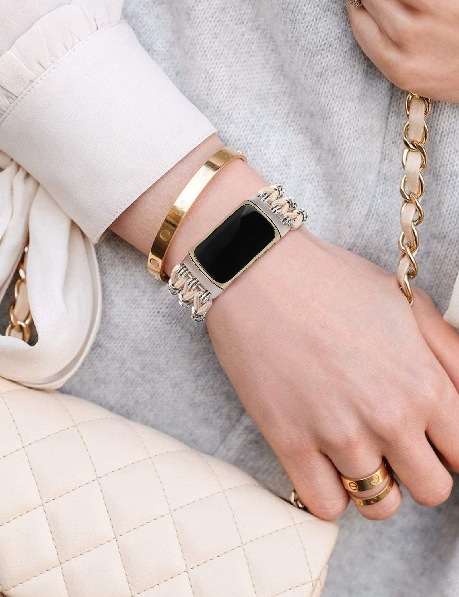 Boho Beaded Stretchy Bracelet Compatible with Fitbit Charge 5/6 Bands - Handmade Adjustable Solo Loop Soft Elastic Strap for Women - Perfect for Yoga, Workouts & Everyday Wear