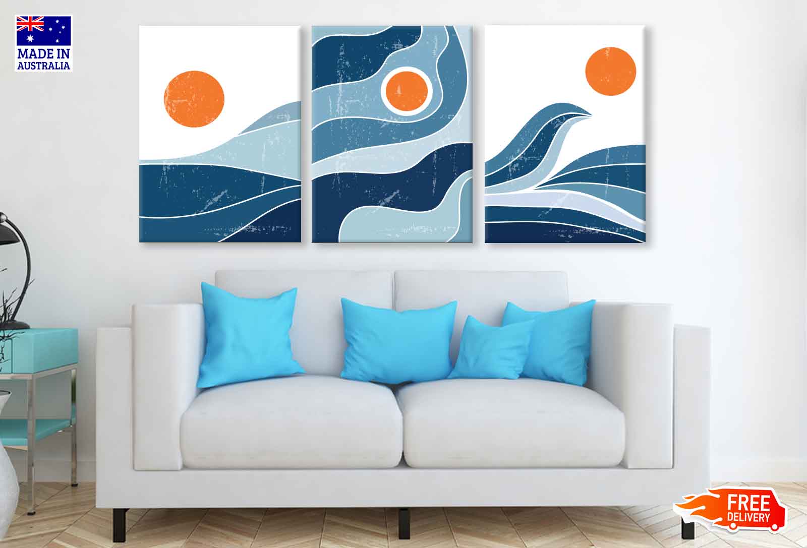 3-Piece Sea Sun Waves Vector Art Canvas Prints - High Quality Australian Made Wall Decor for Living Room, Bedroom & Office - Ready to Hang Beach Theme Home Decoration