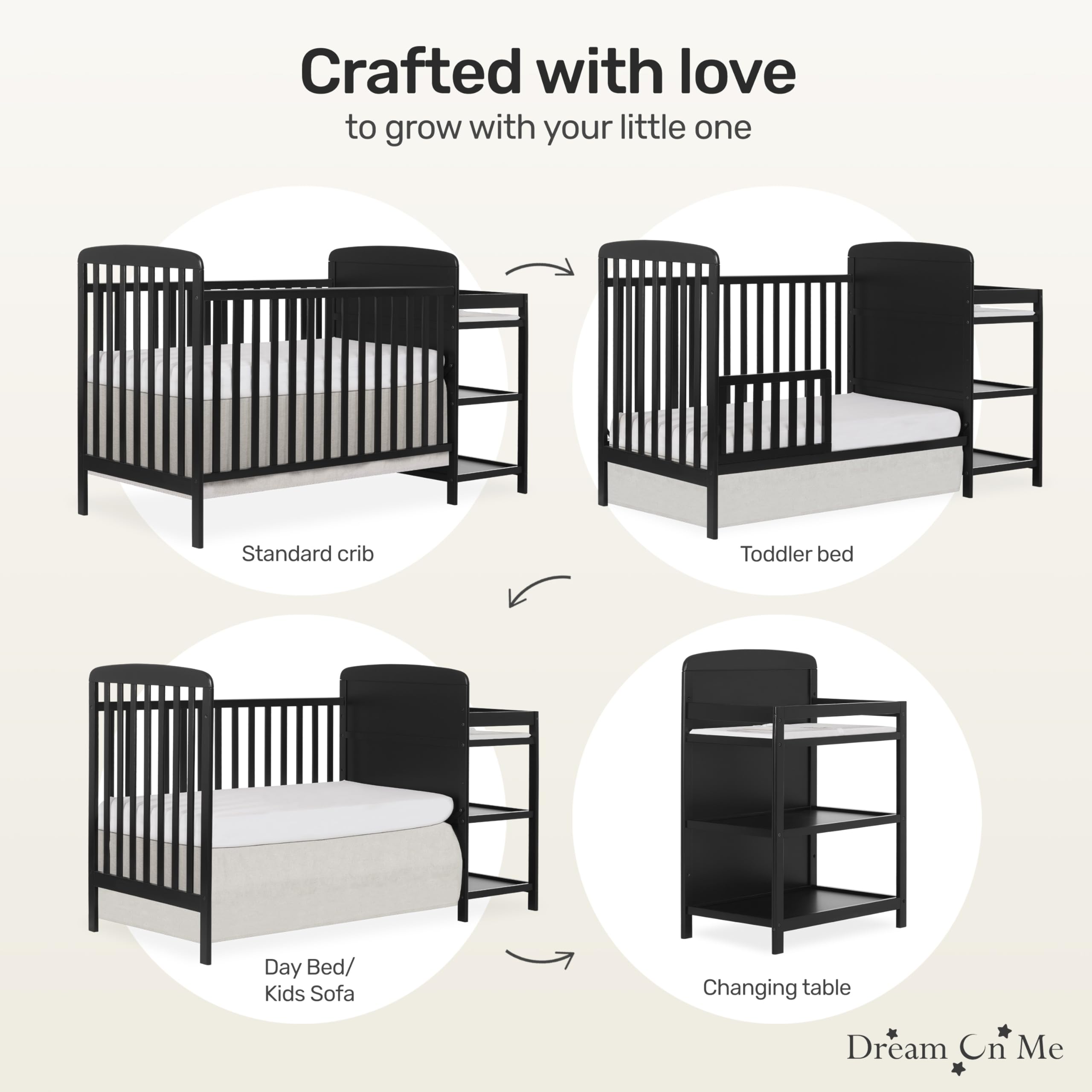 Dream On Me Anna 3-in-1 Convertible Crib with Changing Table - GREENGUARD Gold Certified, Non-Toxic Black Wooden Nursery Furniture with 1