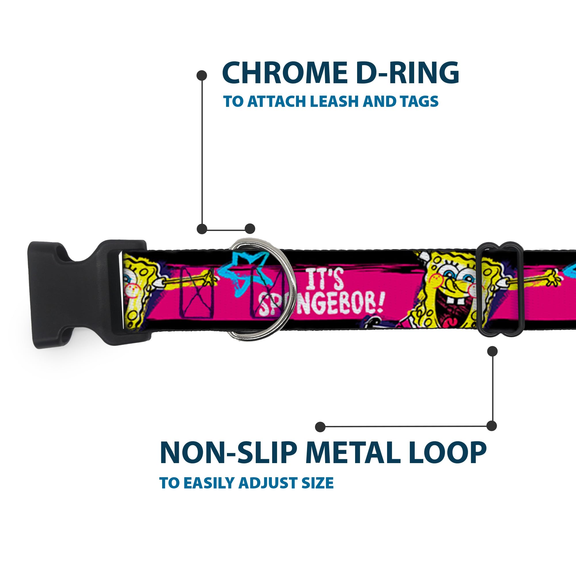 Spongebob Dog Collar with Plastic Clip - Adjustable 9-15 Inches, 0.5 Inch Wide - Black, Pink, Blue, White Stripes | Fun Cartoon Pet Accessory for Walks, Dress Up & Costume Parties