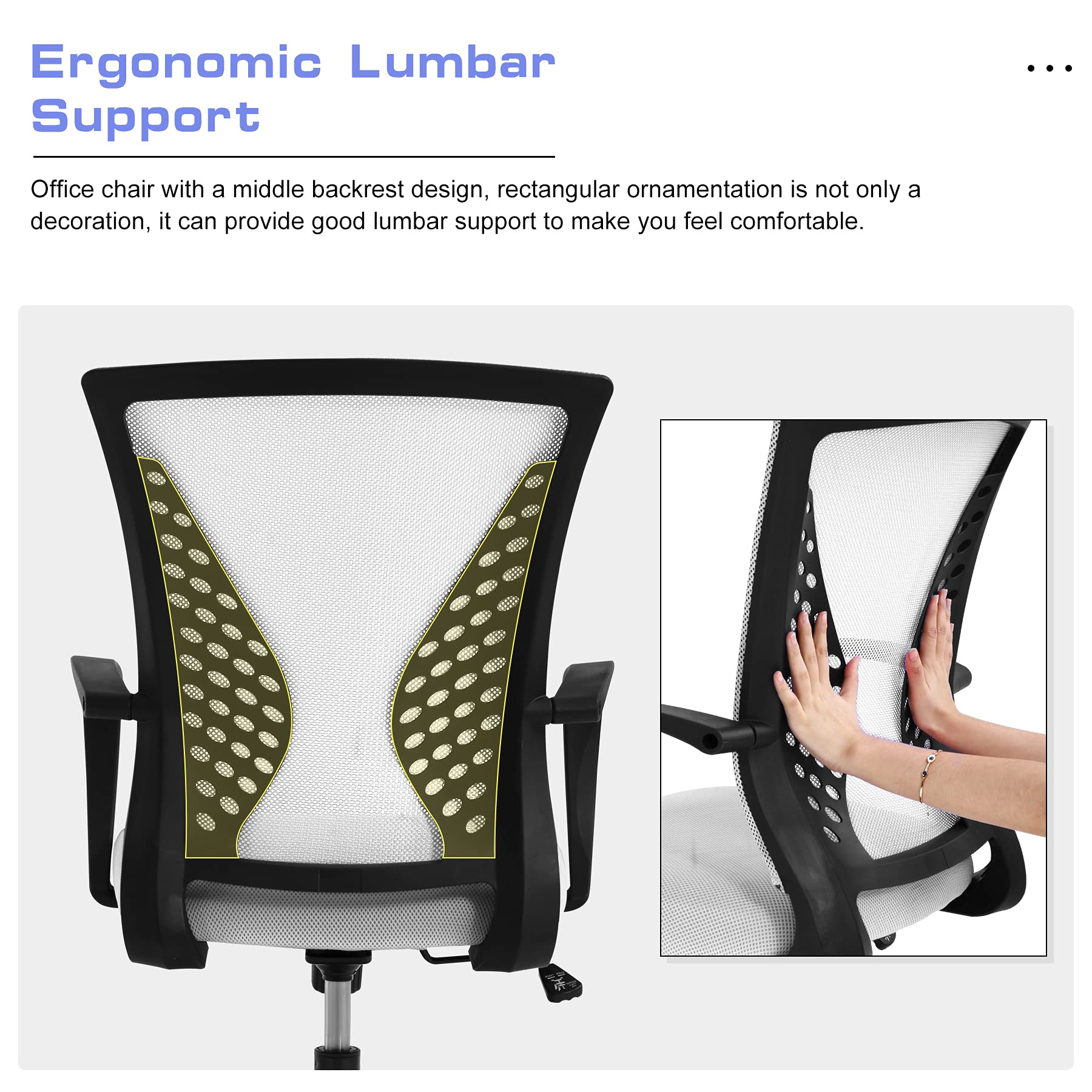Ergonomic Office Chair with Lumbar Support - Adjustable Height Mesh Computer Desk Chair, Swivel Rolling Task Chair for Home Office & Gaming - Comfortable Mid Back Support & Armrests (White) - Perfect for Long Work Hours, Online Meetings, and Gaming Sessions