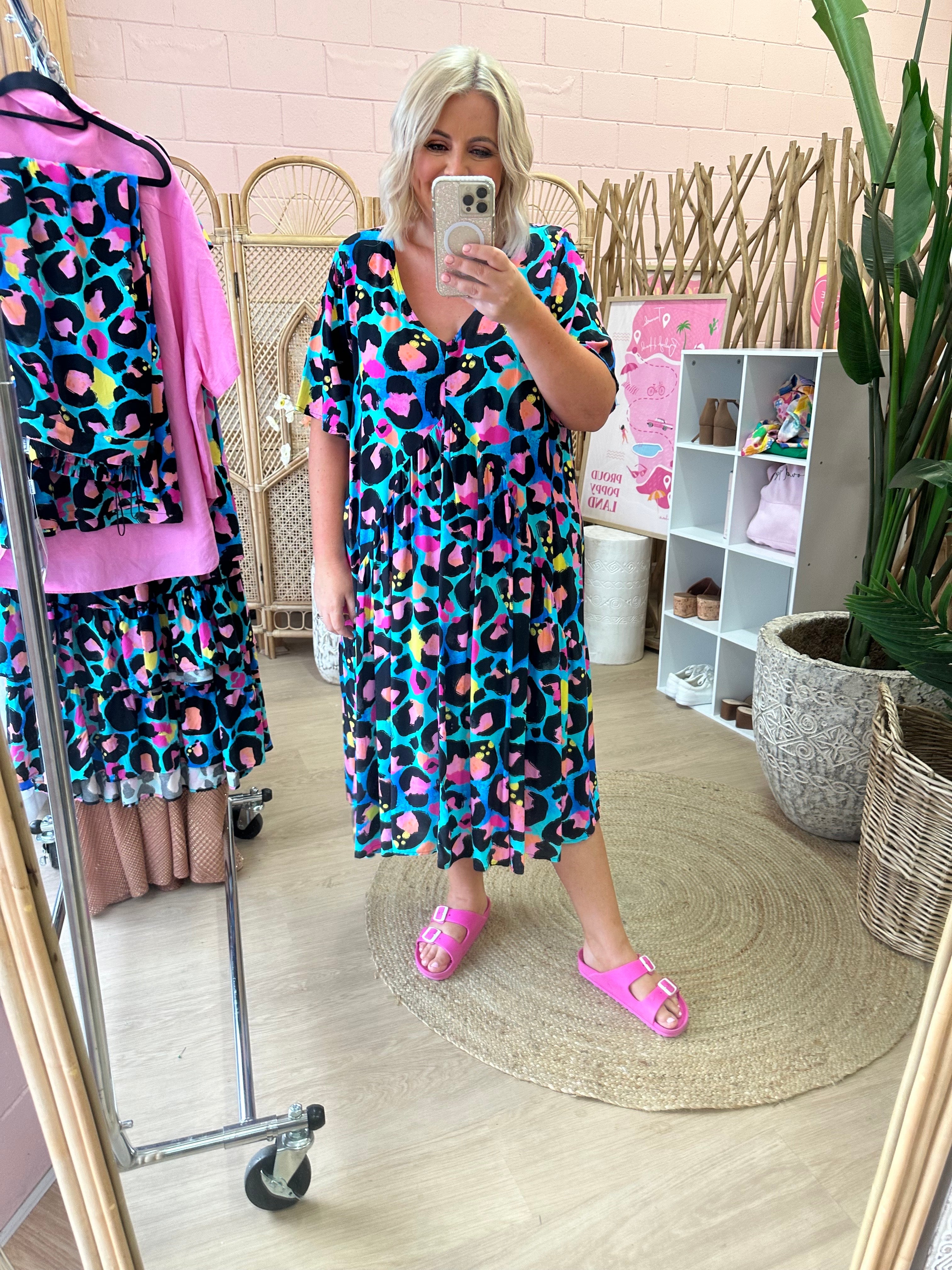 Kasey Rainbow Peak Dress in Kasey Leopard Print - Stylish Animal Print Party & Cocktail Dress for Women