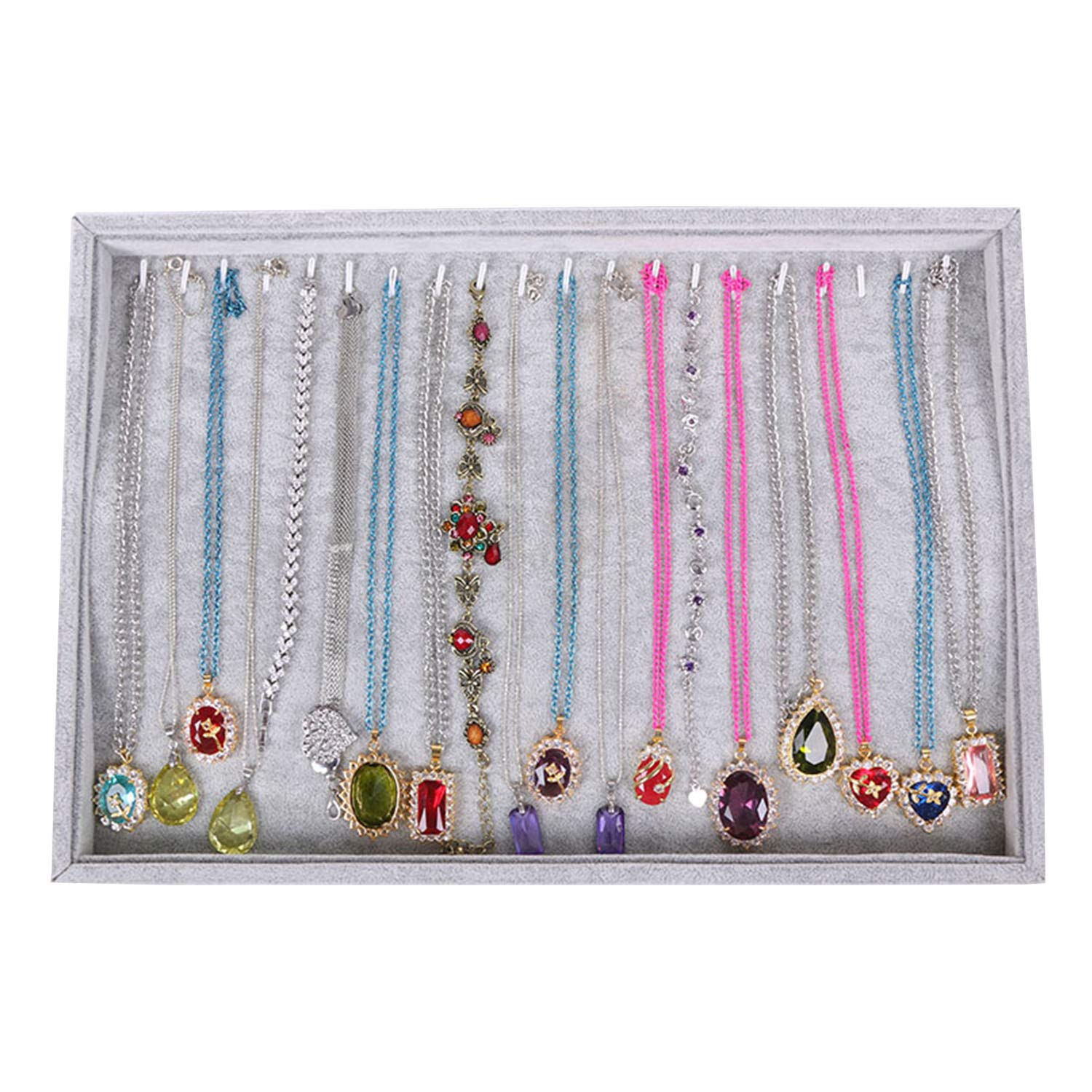 Gray Velvet Stackable 20-Hook Necklace Jewelry Tray Organizer - Decorative Dresser Display Holder for Women's Accessories, Long Hand Chains & Jewelry Storage | Perfect for Bedroom Vanity, Closet Organization & Gift Giving