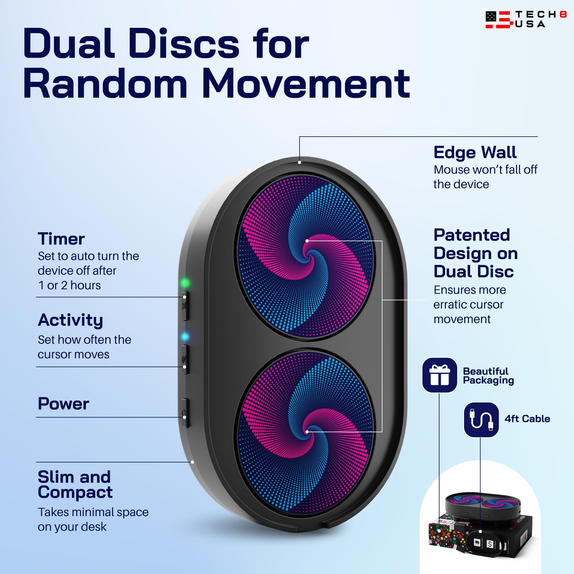TECH8 USA Dual Disc Mouse Mover & Jiggler - Auto-Off Timer with Adjustable Activity Settings | No Software Required | Realistic Mouse Movement | Patented Design | Made in USA | Perfect for Remote Work, Online Meetings & Preventing Screen Lock