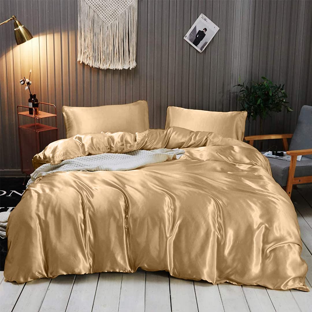 Luxury 7-Piece Silk Satin Sheet Set for Short Queen Beds - Deep Pocket Cooling Bedding - Breathable Wrinkle-Free Hotel Quality Dark Ivory Duvet Cover & Pillowcases - Perfect for Hot Sleepers & Luxury Bedroom Decor