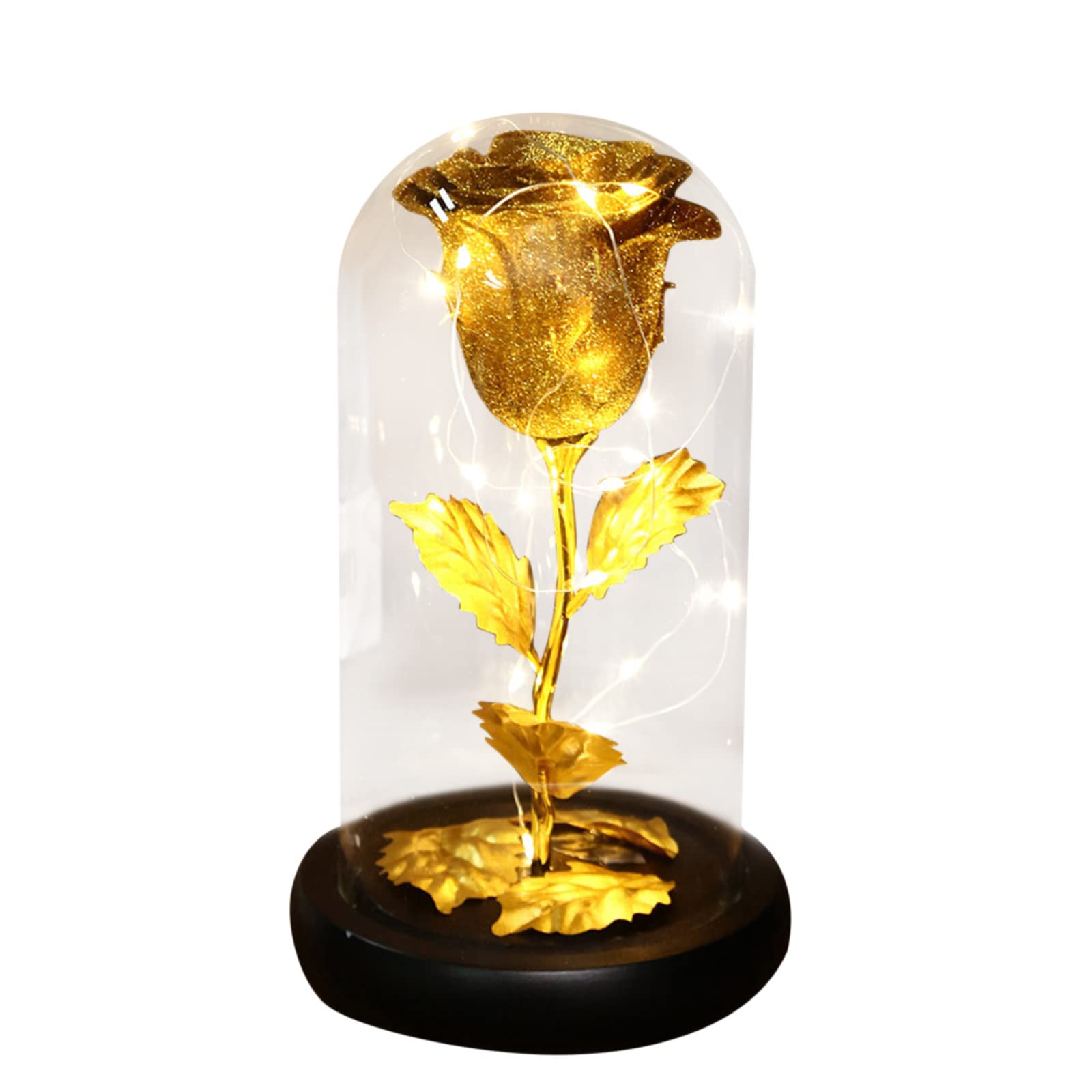 Dazeni Artificial Rose LED Light Flower Glass Vase Decoration for Home, Bedroom, Wedding, Party - Romantic Gold Hanging Floral Display for Table Centerpiece, Gift & Special Occasions