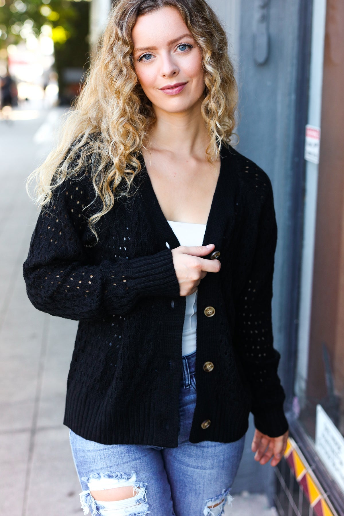 Stylish Black Pointelle Knit Button Down Cardigan for Women | Elegant Lace Knit Sweater | Perfect for Office, Date Night & Fall Layering