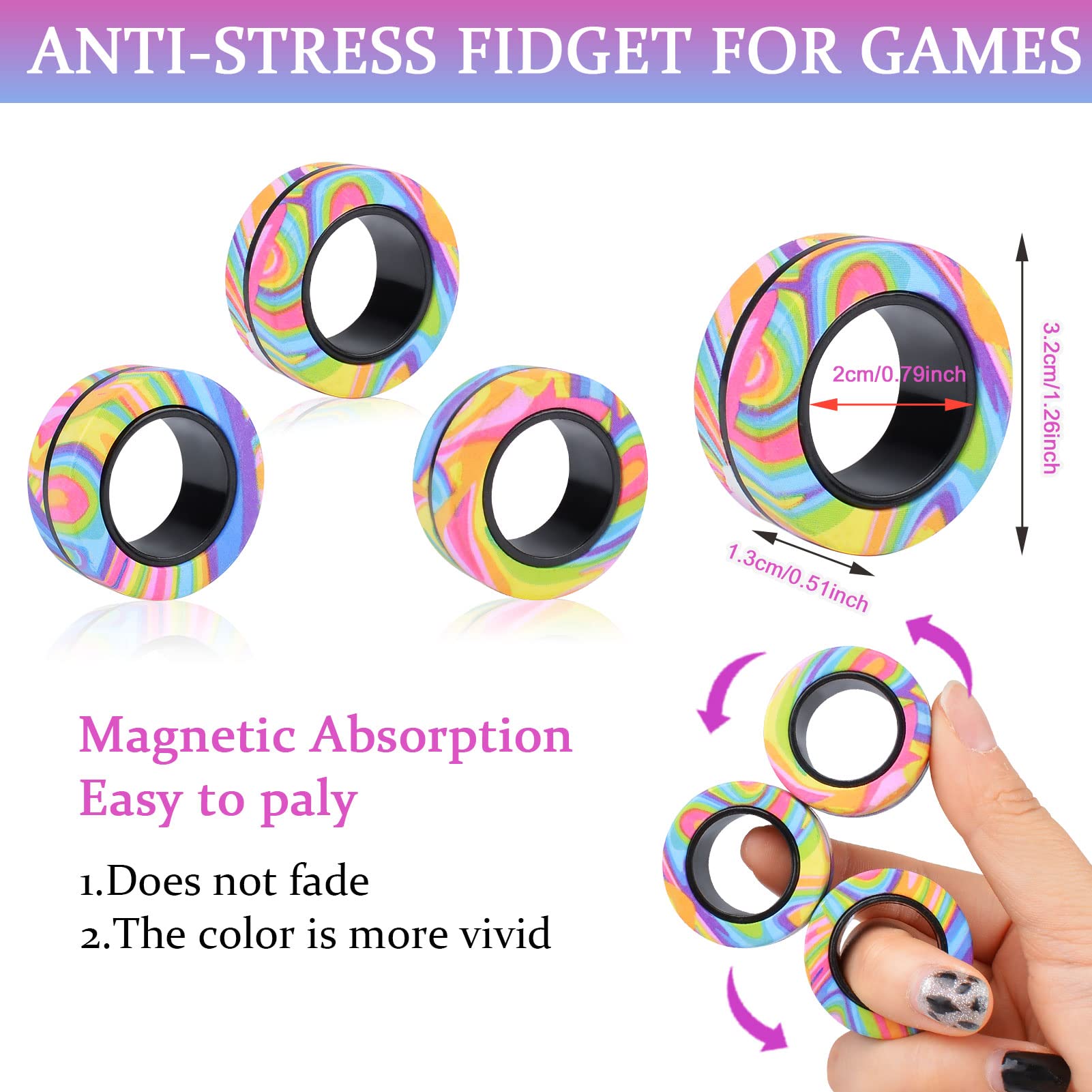 3Pcs Magnetic Fidget Rings for Adults & Kids - Stress Relief & Anxiety Toys for ADHD, Autism, Focus - Fun Easter Basket Stuffers & Valentine's Gifts for Boys Girls 8+ - Perfect for Office, School & Travel Use