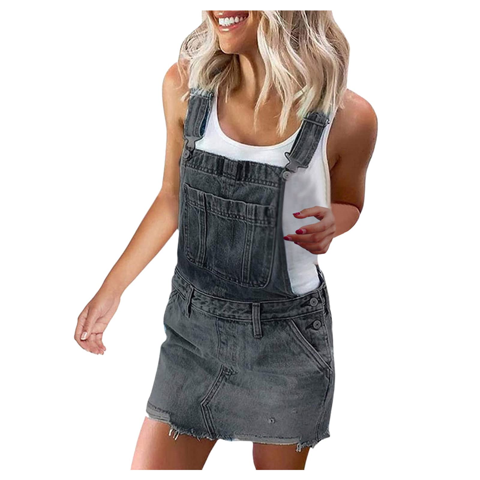 Cute Denim Jumper Dress with Pockets - A-Line Mini Bib Overall for Casual Outings