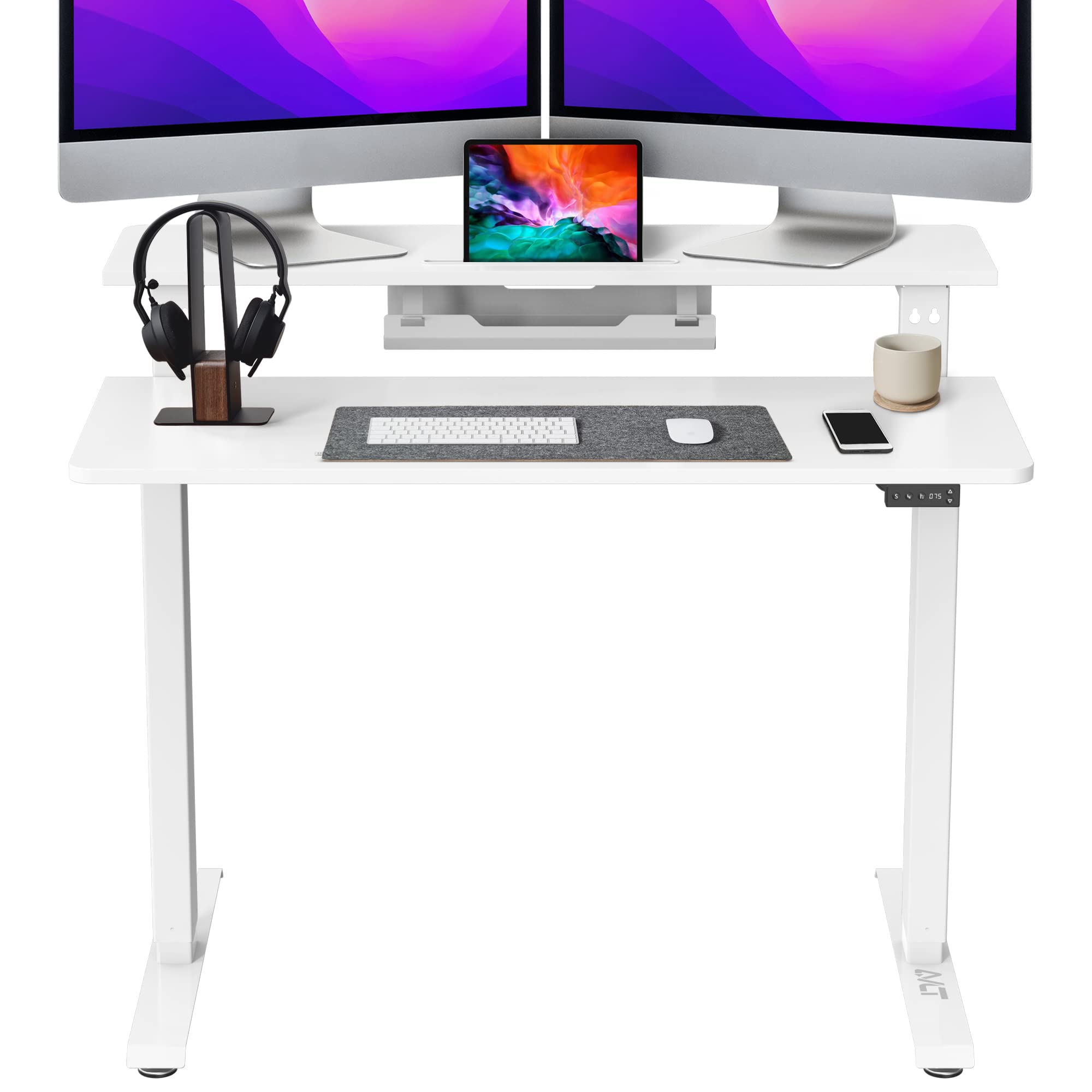 AVLT 47 Inch Electric Height Adjustable Standing Desk with Dual 32 Inch Shelves - 176 lbs Weight Capacity - White Sit Stand Workstation for Home Office, Gaming & Study