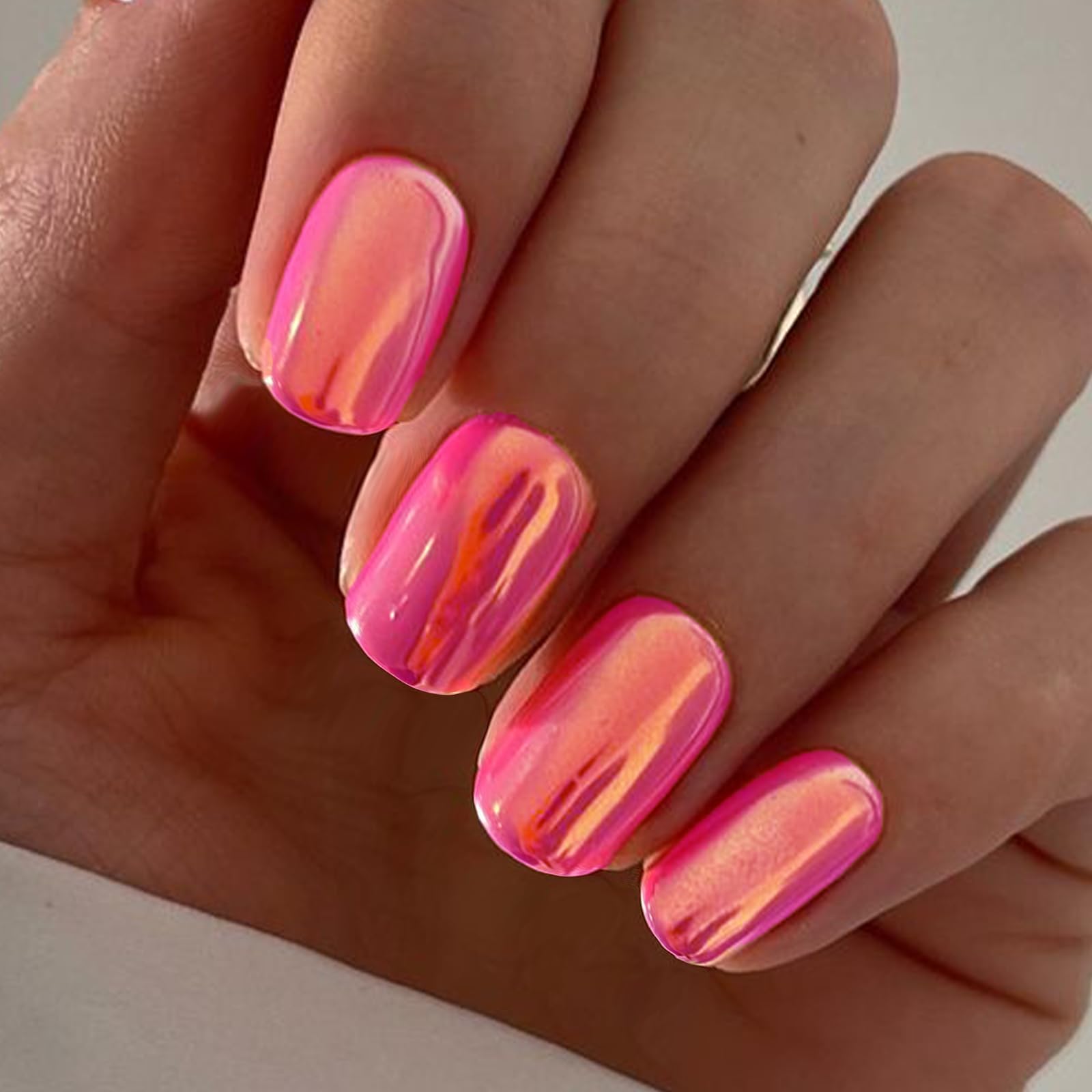 GLAMERMAID Short Press on Nails - 24Pcs Pinkish Brown Chrome Gel Fake Nails, Squoval Shape with Glossy UV Finish | Reusable Acrylic False Nails for Women | Perfect for Spring Manicures, Parties & Everyday Wear