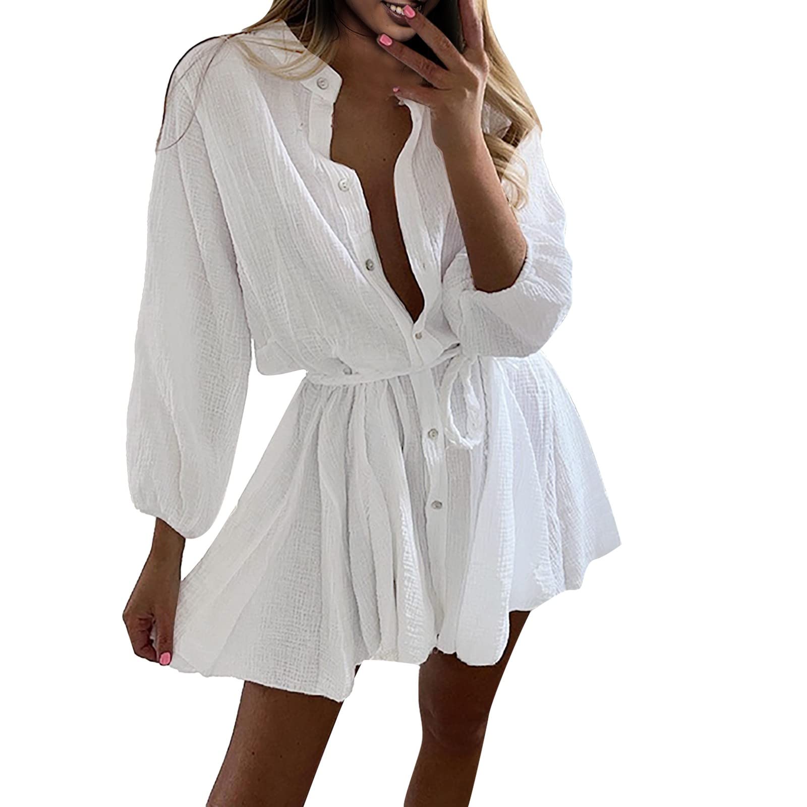 Women's Summer Casual Babydoll Dress - Ruffle Drawstring Tie Flared Long Sleeve Solid Maxi Dress | Perfect for Beach Vacation, Date Night & Outdoor Parties
