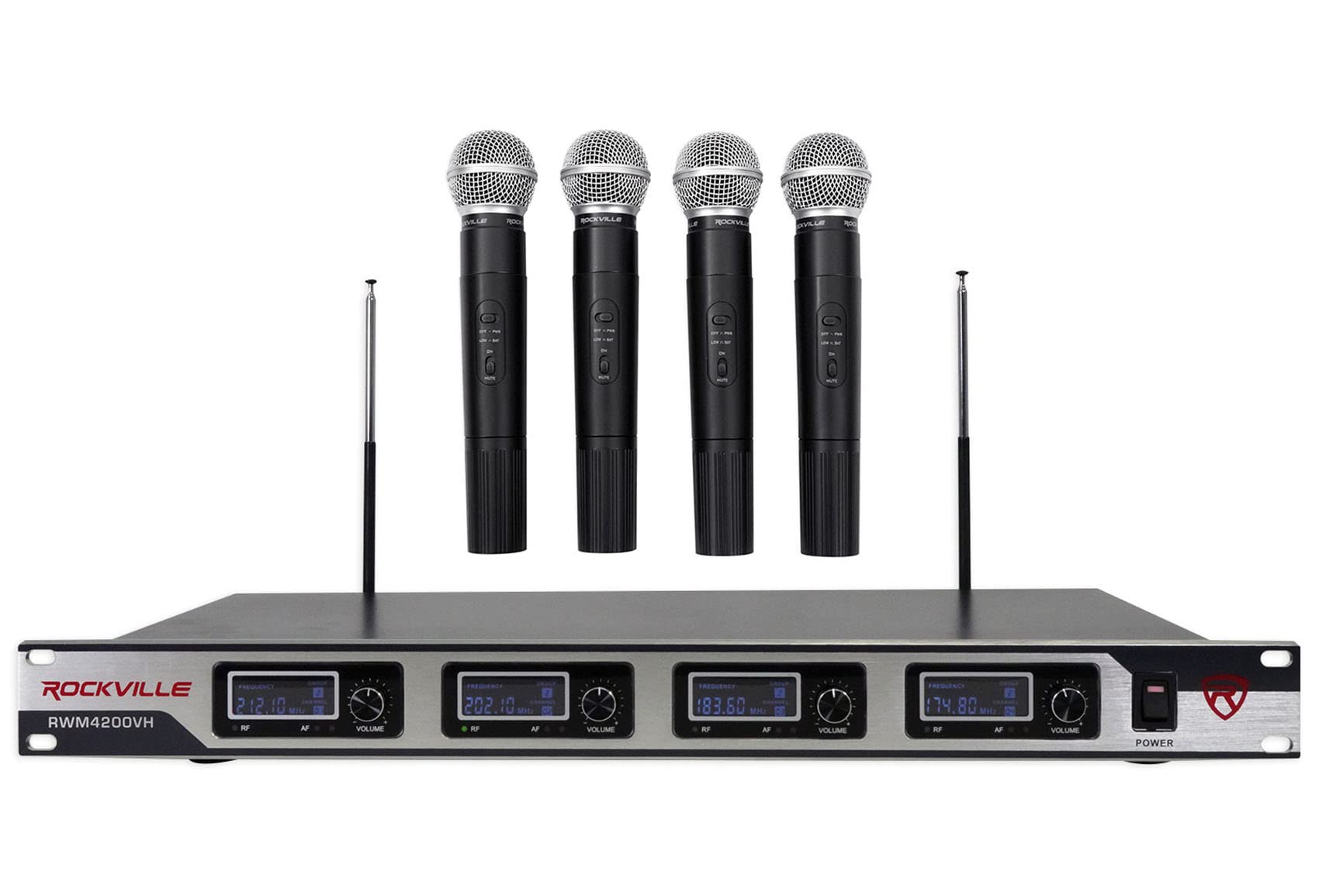 Rockville RWM4200VH 4-Pack Wireless Handheld Microphones for Church, Karaoke, Live Performances & Events - UHF Professional Sound System with Crystal Clear Audio