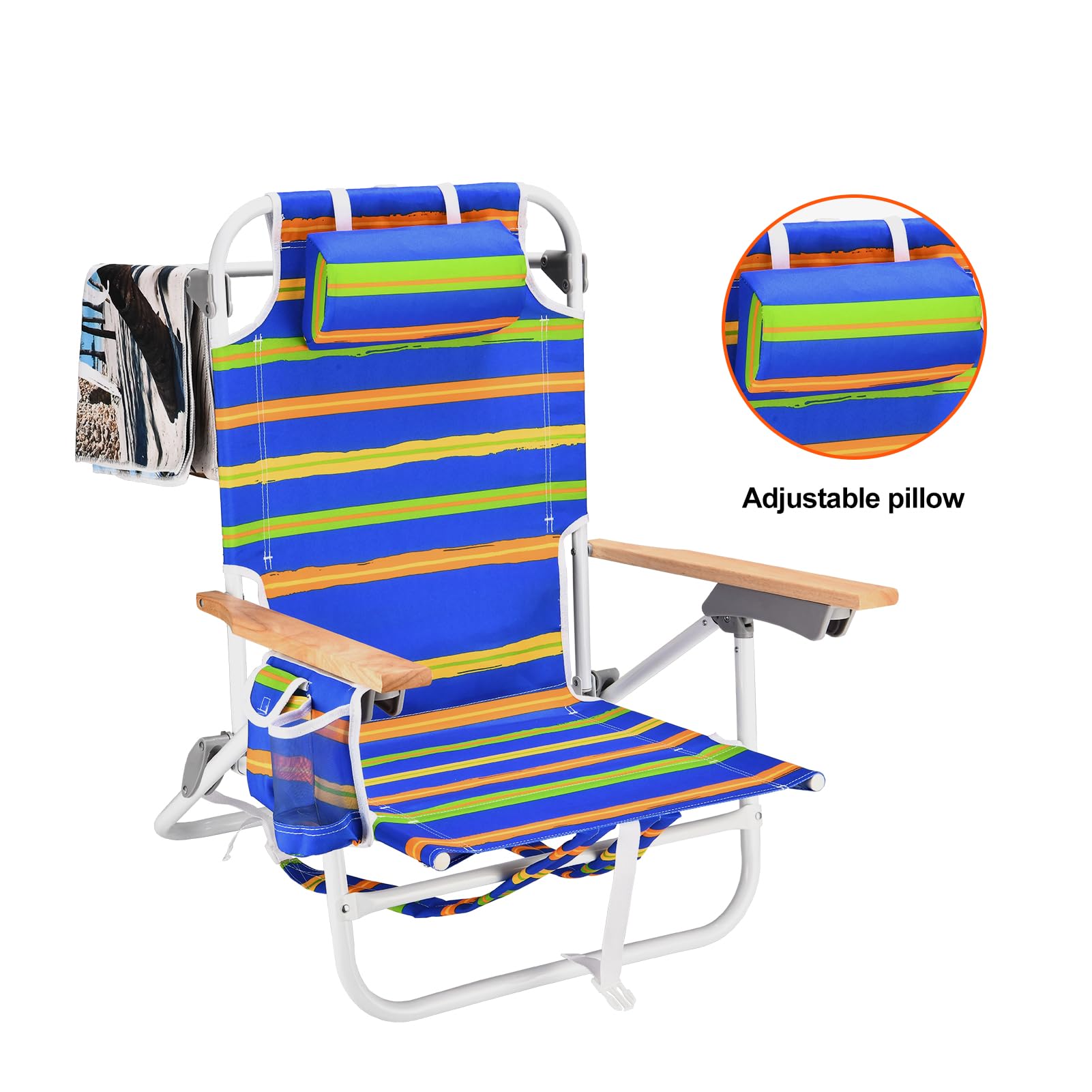 2 Pack Heavy Duty Beach Chairs for Adults - 300 lb Capacity, 5-Position Reclining, Lightweight Aluminum Frame with Storage Pouch & Carry Straps - Foldable for Travel, Camping, Picnics & Beach Days (Blue & Yellow Stripes)
