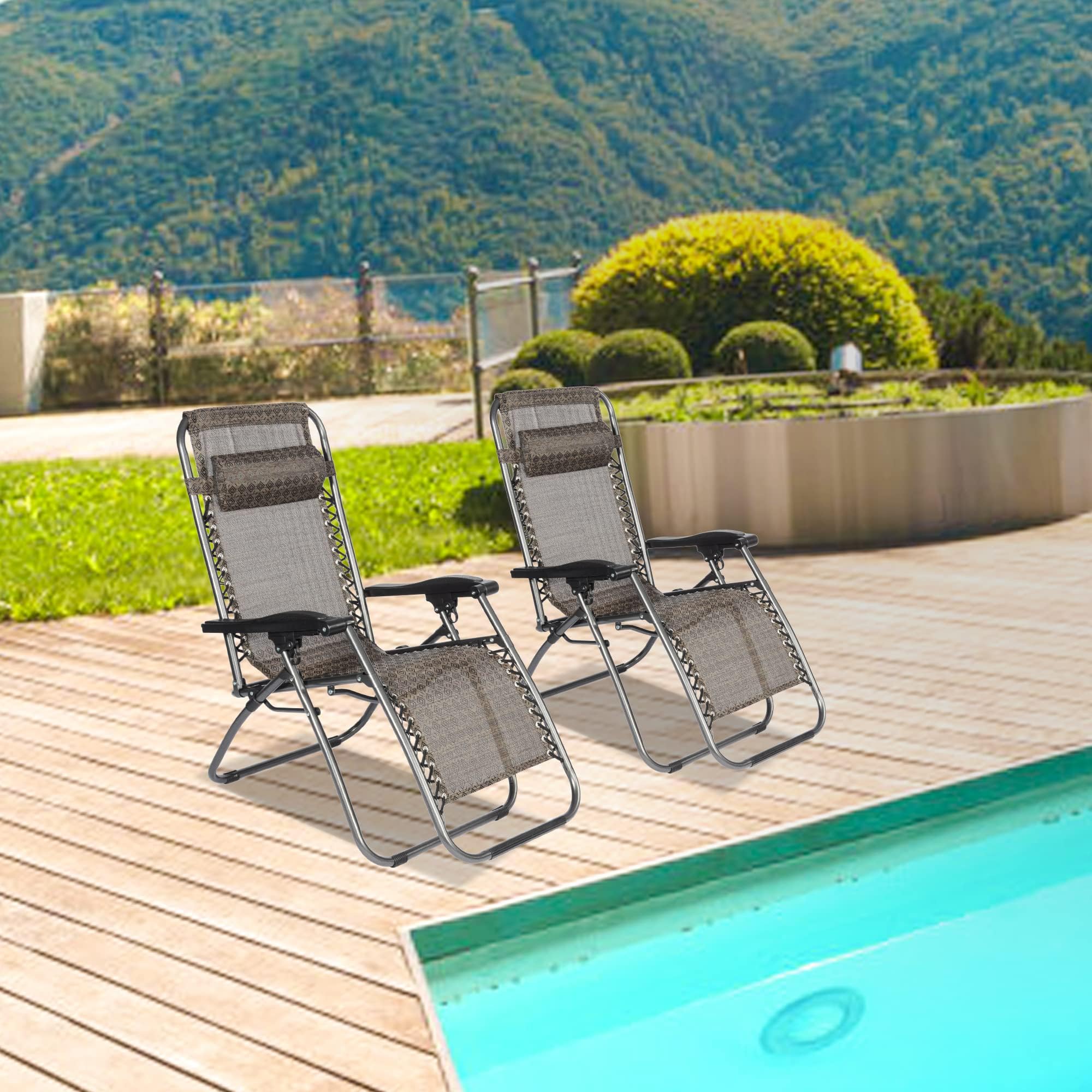 LUCKYERMORE Adjustable Textilene Zero Gravity Chairs Set of 2 - Diamond Design Outdoor Folding Recliners with Pillow, 300 LBS Capacity - Perfect for Poolside, Beach, Patio, Backyard & Camping (Grey & Brown)