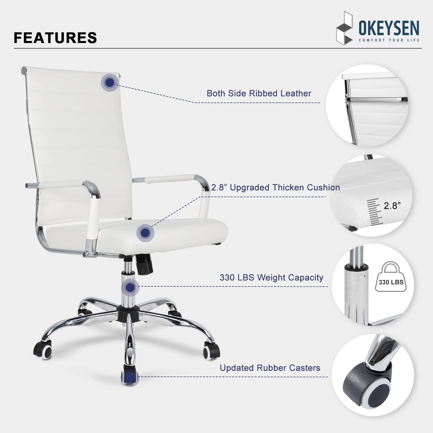 Okeysen Ergonomic Office Desk Chair - Modern PU Leather High Back Executive Swivel Rolling Chair with Ribbed Design for Home Office & Conference Room | Comfortable Workstation Seating for Long Hours