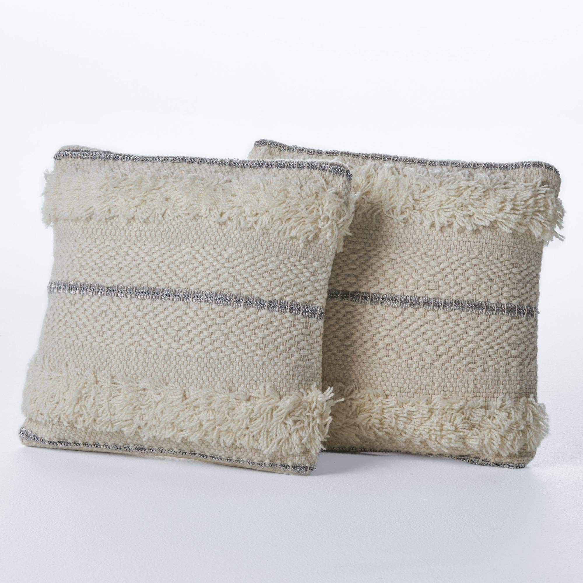 Handcrafted Ivory Square Throw Pillows Set of 2 - 17