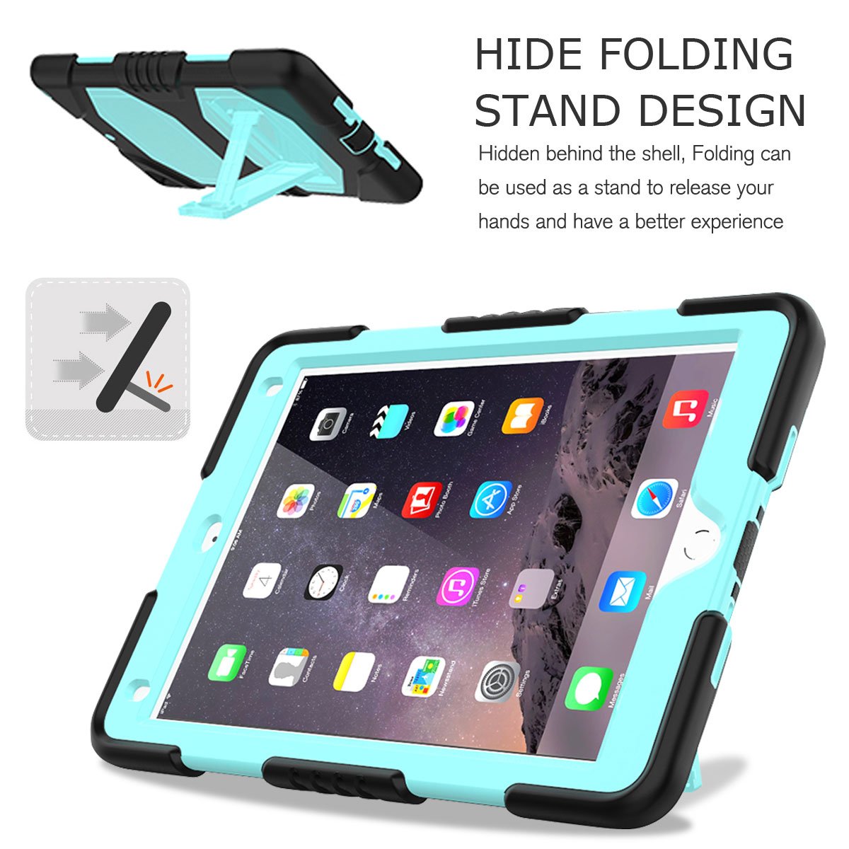 Shockproof Silicone Armor Hard Case with Stand for Apple iPad Air 2 (Black-Light Blue) - Protective Cover for Work, Travel & Home Use