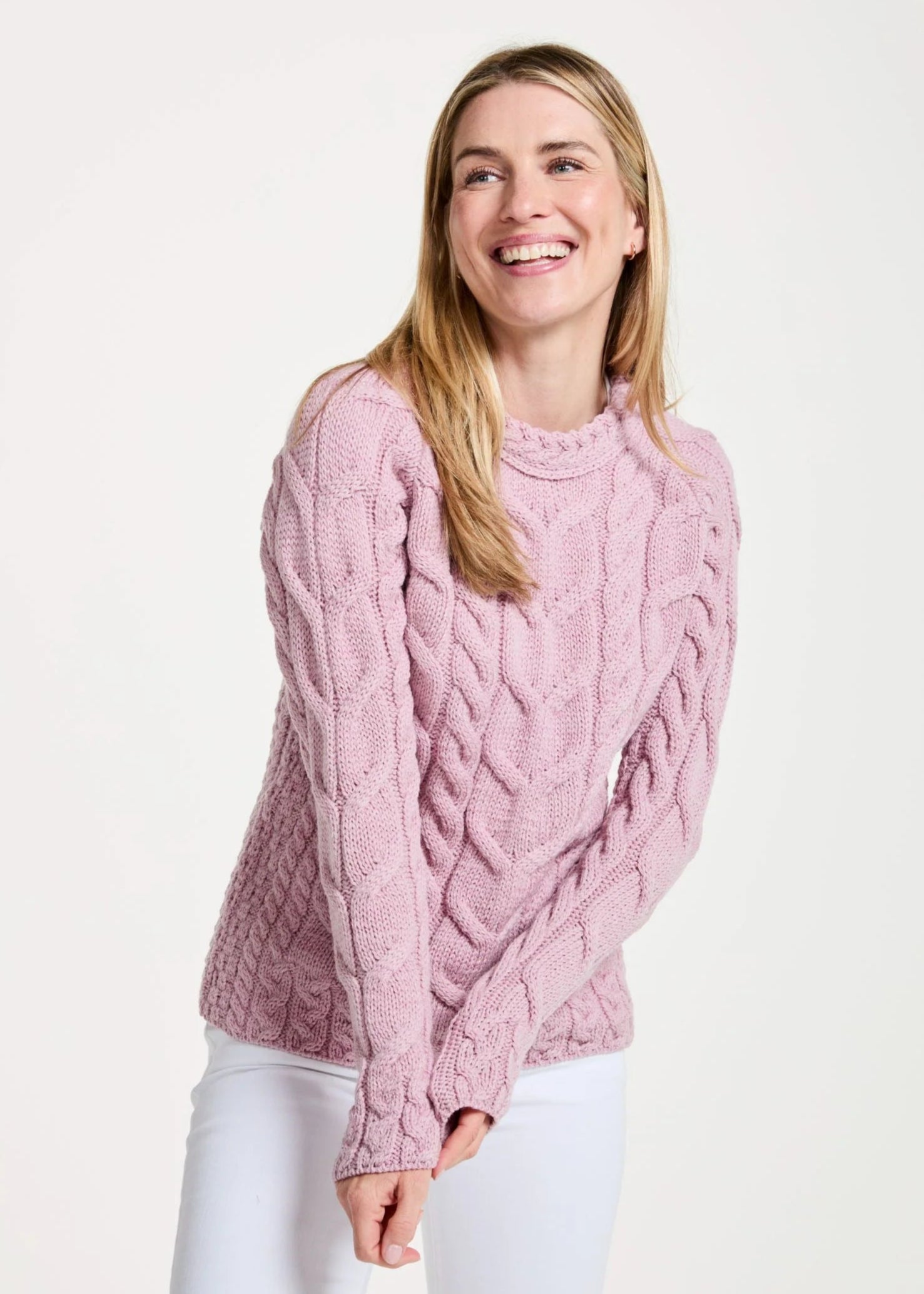Listowel Ladies Aran Cabled Sweater - Soft Wool Knit Pullover for Women | Pink | Perfect for Winter, Fall & Casual Outings