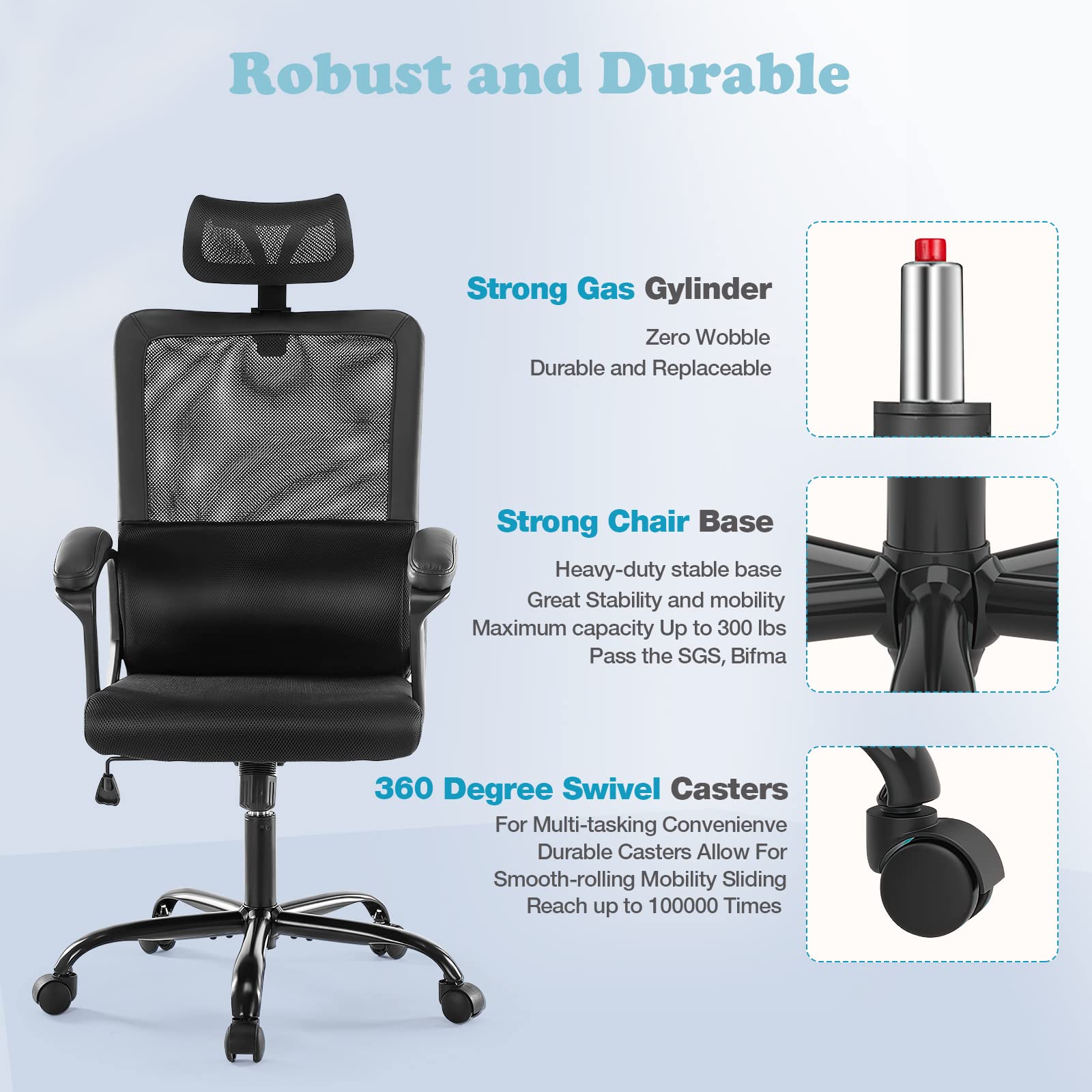 Ergonomic Office Chair - High Back Breathable Mesh Desk Chair with Adjustable Headrest & Lumbar Support | Rolling Swivel Computer Task Chair for Home Office | 3D Adjustable Armrests | Perfect for Long Work Hours, Gaming & Remote Work