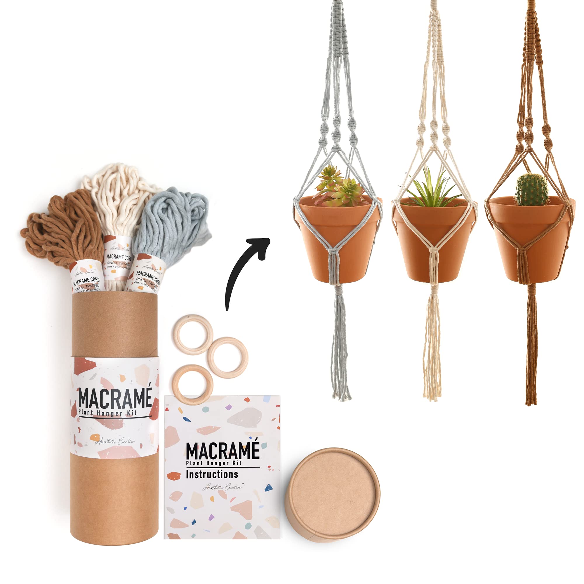DIY Macrame Kit for Beginners - Make 3 Boho Plant Hangers with Wooden Rings & Colorful Macrame Cord - Perfect for Home Decor, Wall Hanging & Boho Art Projects - Great Gift for Teens & Adults