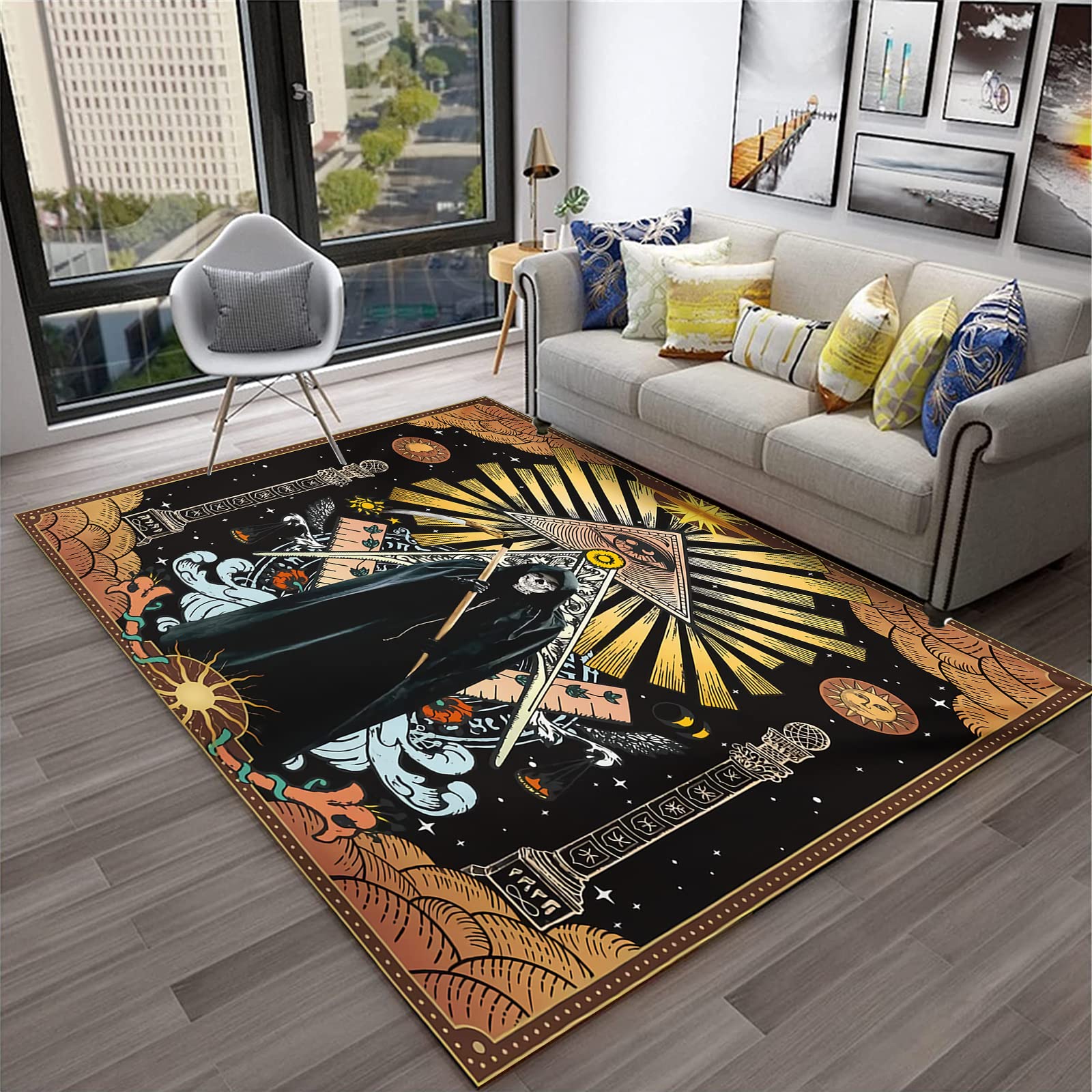 Gothic Skeleton Area Rug with Sun & Moon Design - Bohemian Home Decor Rug for Living Room, Bedroom, or Dorm - Unique Eye Pattern Rug for Gothic & Alternative Style Decor