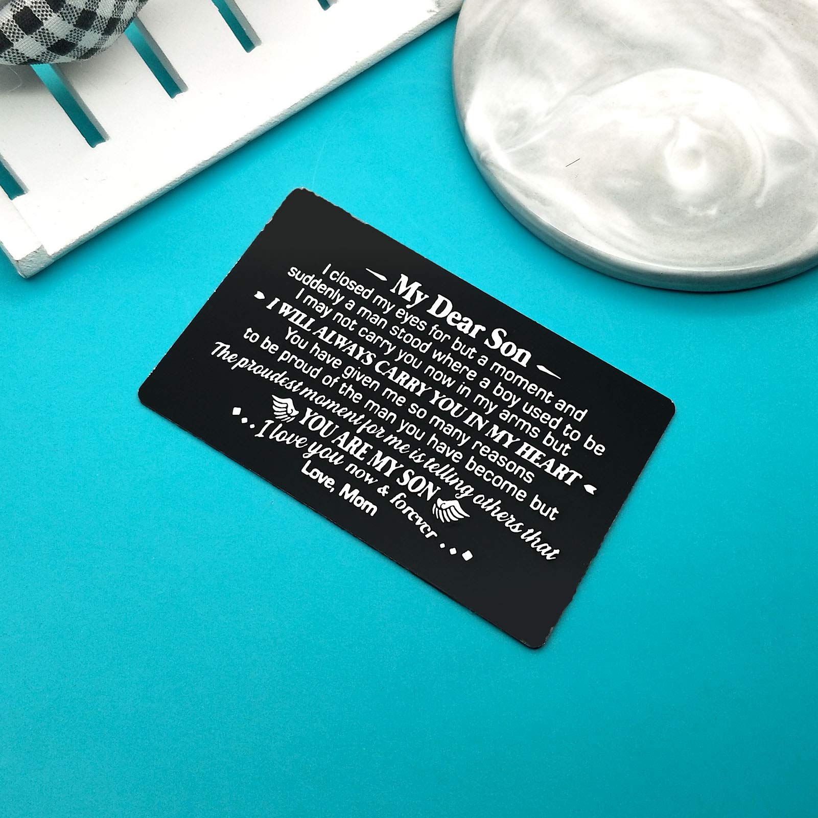 Personalized Engraved Wallet Card for Son - Inspirational Gift from Mom for Christmas, Birthday, Graduation, Wedding & Encouragement - Perfect Keepsake for Special Occasions