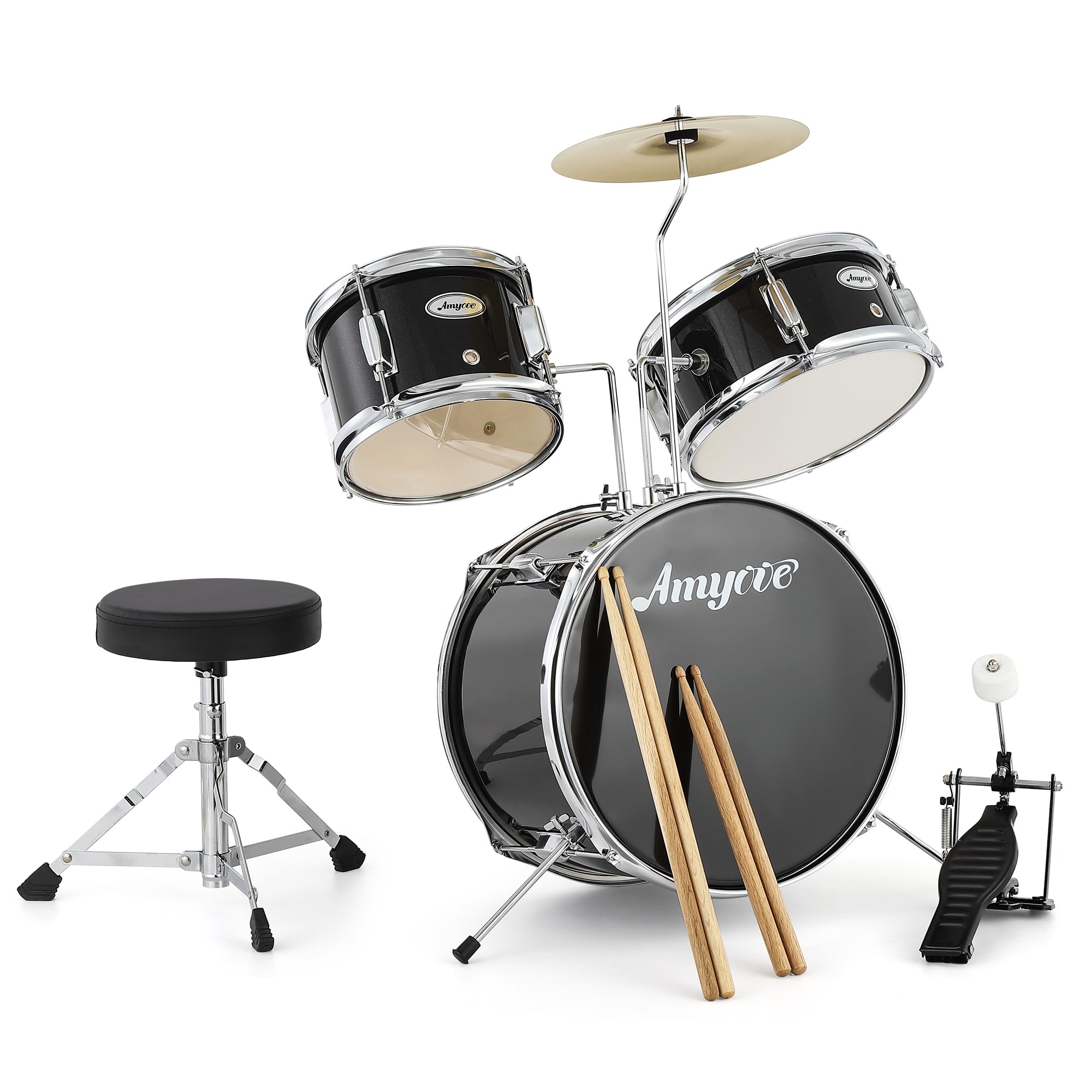 3-Piece Junior Drum Set with Cymbal, Tom, Bass Drum, Drumsticks, Pedal & Stool - Complete Beginner Drum Kit for Kids & Teens - Perfect for Home Practice, Music Lessons & Rock Band Performances (Black)