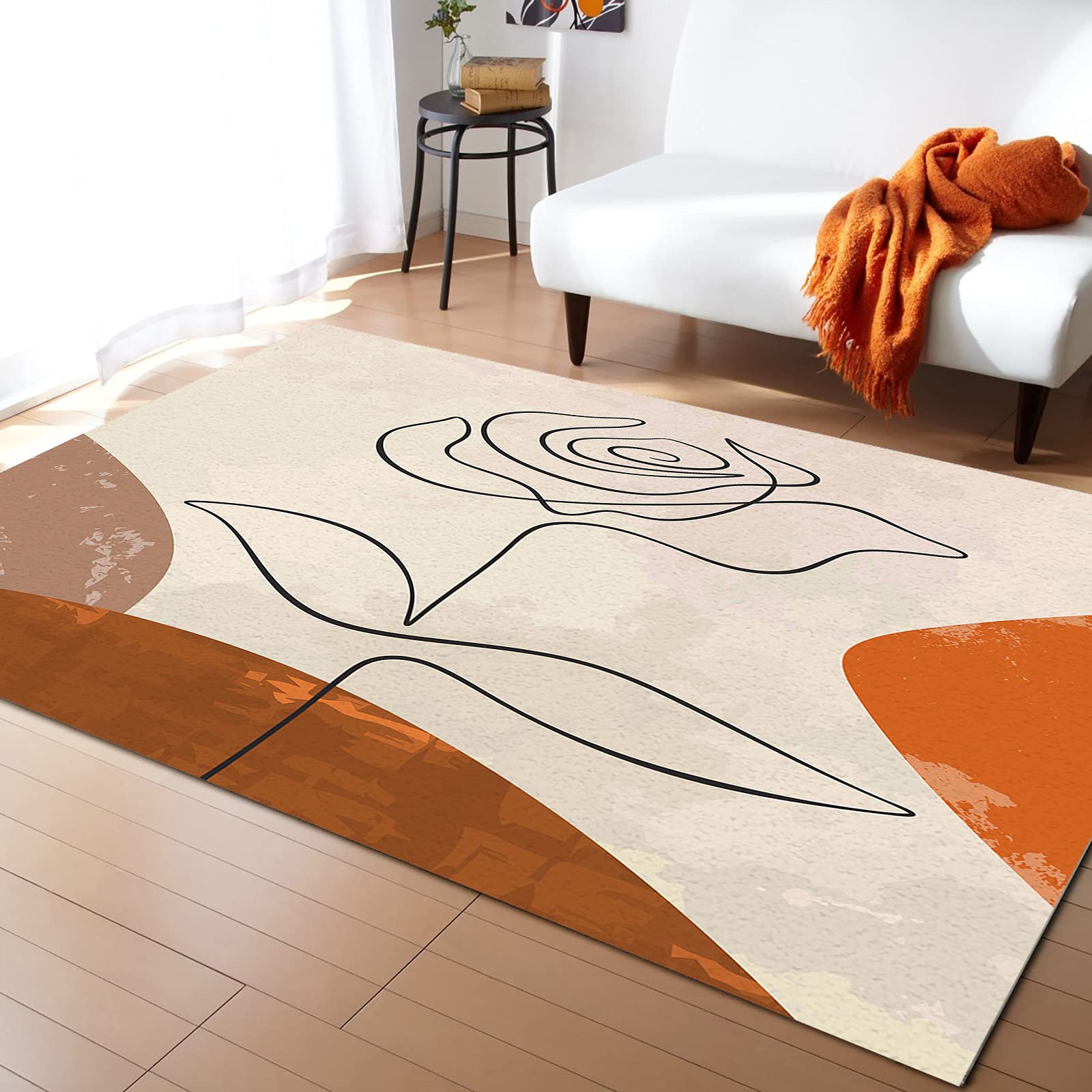 Boho Mid Century Area Rugs 5'x7' - Abstract Minimalist Non-Slip Modern Carpet for Living Room, Bedroom & Playroom - Soft Floor Mat with Art Line Flower Design - Perfect for Home Decor, Kids Play Area & Cozy Spaces