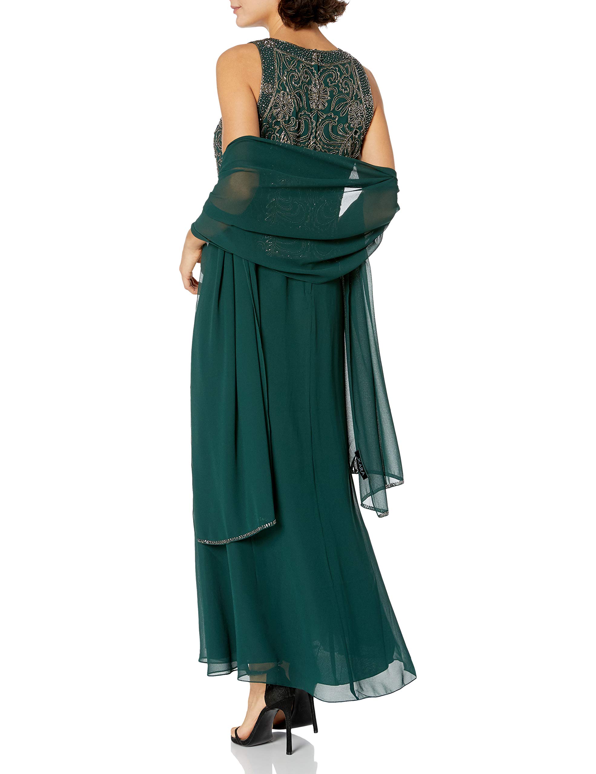 J Kara Women's Petite Sleeveless Scallop Neck Beaded Maxi Dress with Detachable Scarf - Elegant Evening Gown for Weddings, Parties & Special Occasions