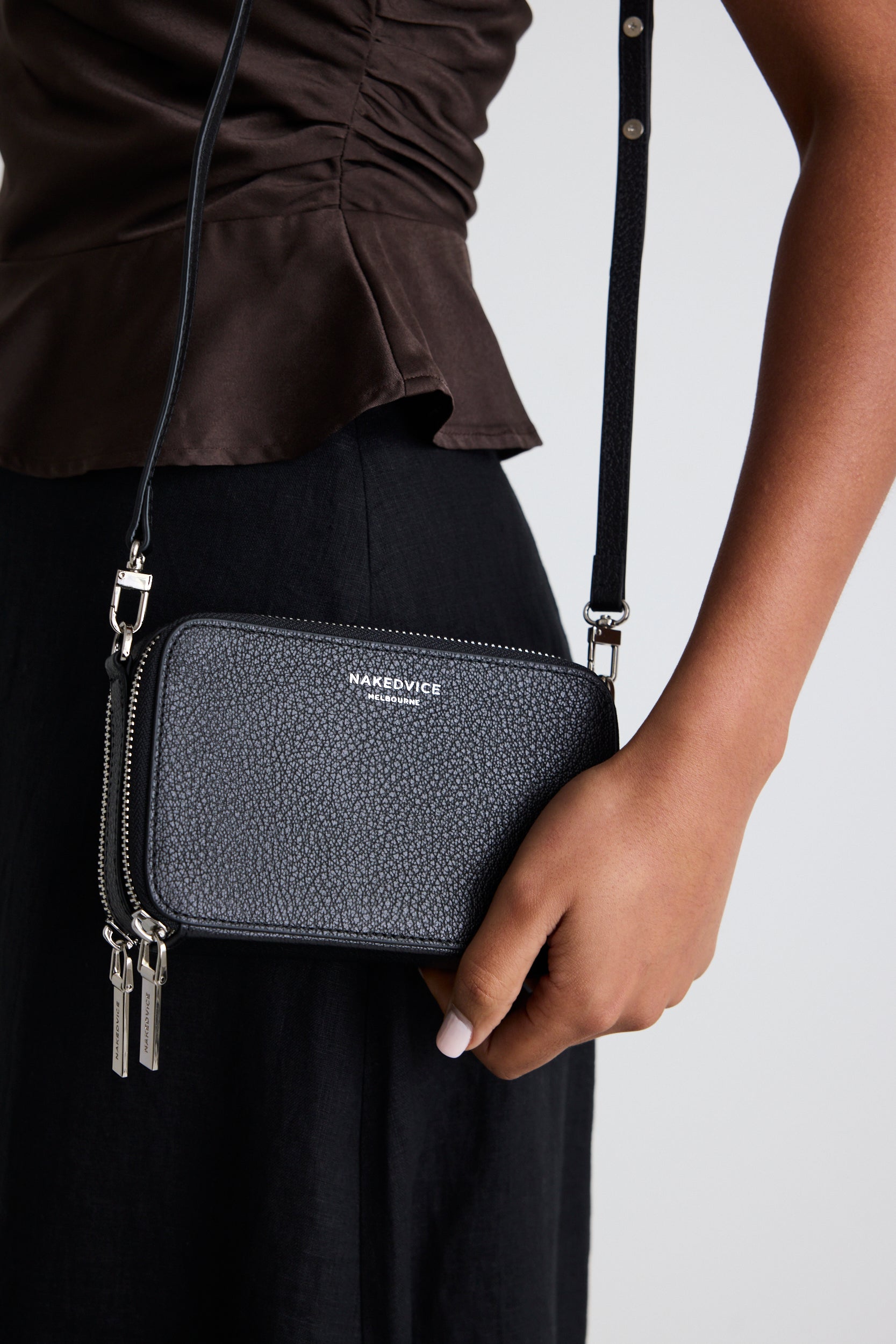 Stylish Kiki Silver Double Zip Mini Crossbody Bag - Genuine Black Leather Handbag for Women | Perfect for Date Night, Travel & Everyday Use