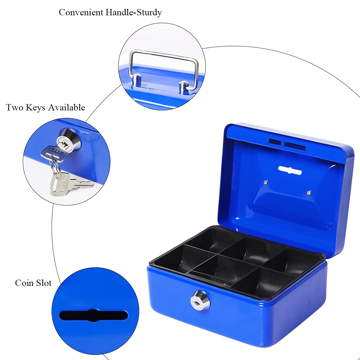 Jssmst Small Locking Cash Box with Money Tray - Secure Money Storage Box for Kids with Top Slot - Blue Lock Box (5.91