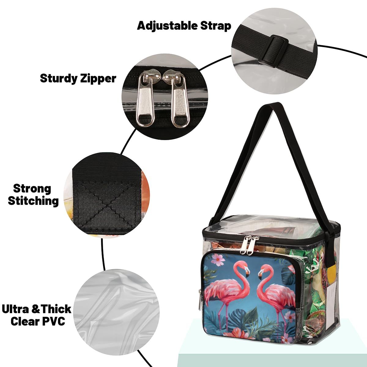 GzLeyigou Flamingo Floral Clear Tote Bag with Handles - Tropical Palm Tree Transparent Crossbody Shoulder Bag for Women - Perfect for Beach, Travel, Picnic, Concerts & Sports Events (Stadium Approved) - Waterproof Lunch Bag for Outdoor Activities