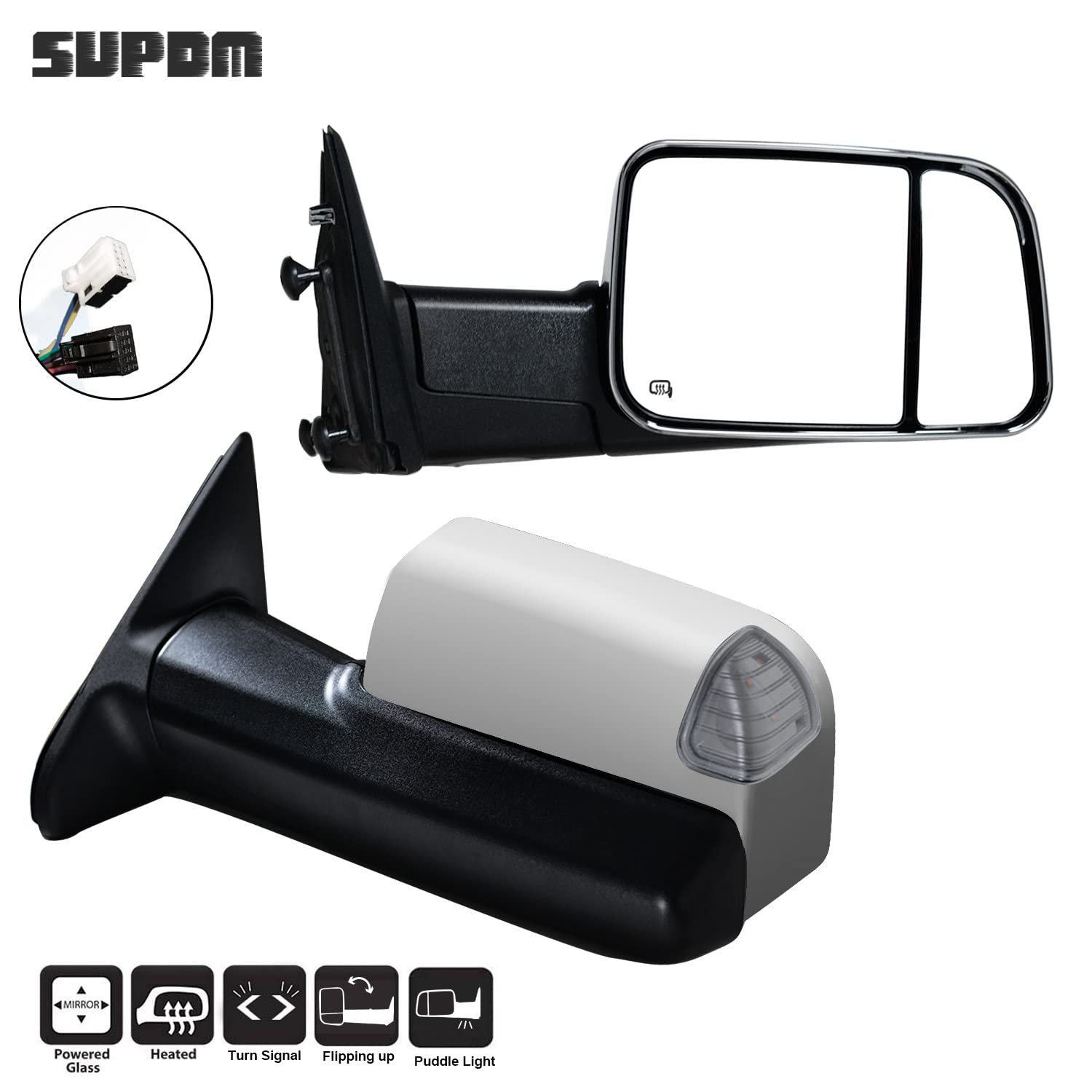 Heated Power Towing Mirrors with Turn Signal & Puddle Lights - Compatible with 2009-2018 Ram 1500/2500/3500 Pickup Trucks - Chrome Left+Right Set for Enhanced Visibility & Safety (Perfect for Towing, Off-Roading & Night Driving)