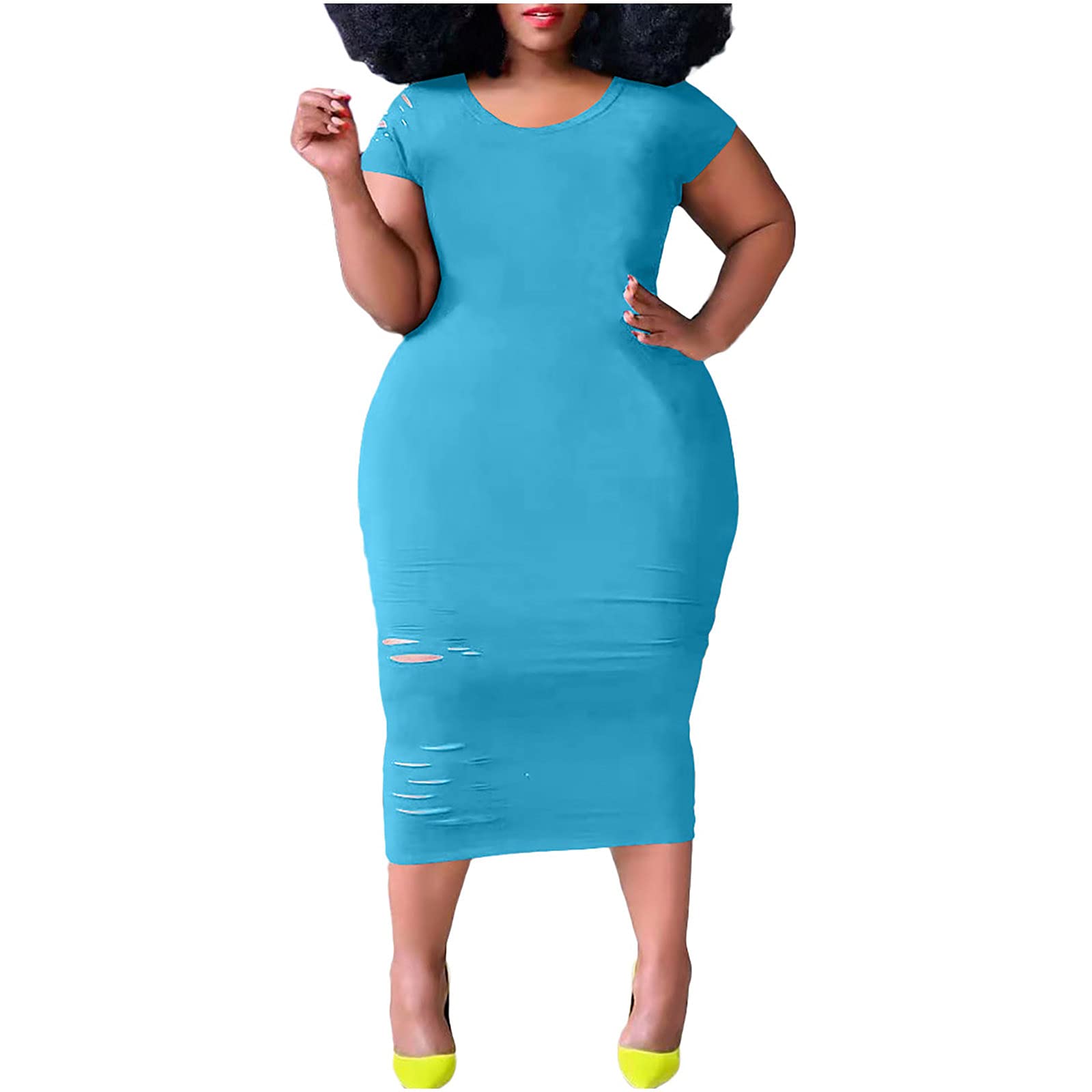 LONGZUVS Women's Casual Summer Beach Dress - Plus Size Solid Color Ripped Short Sleeve Maxi Dress | Perfect for Vacation, Pool Party & Outdoor Date