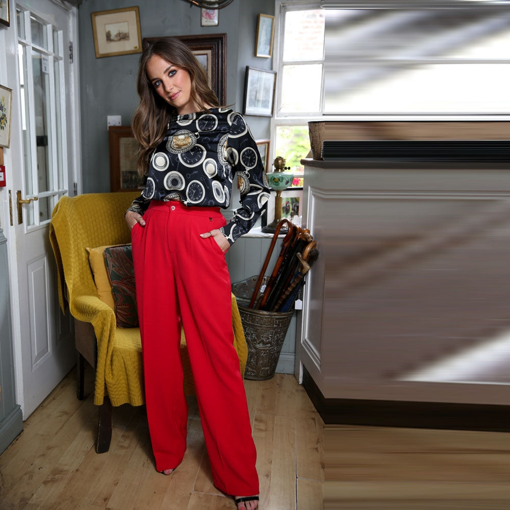 Carolina Women's Red Trousers - Comfortable Stretch Pants for Work, Office & Casual Wear