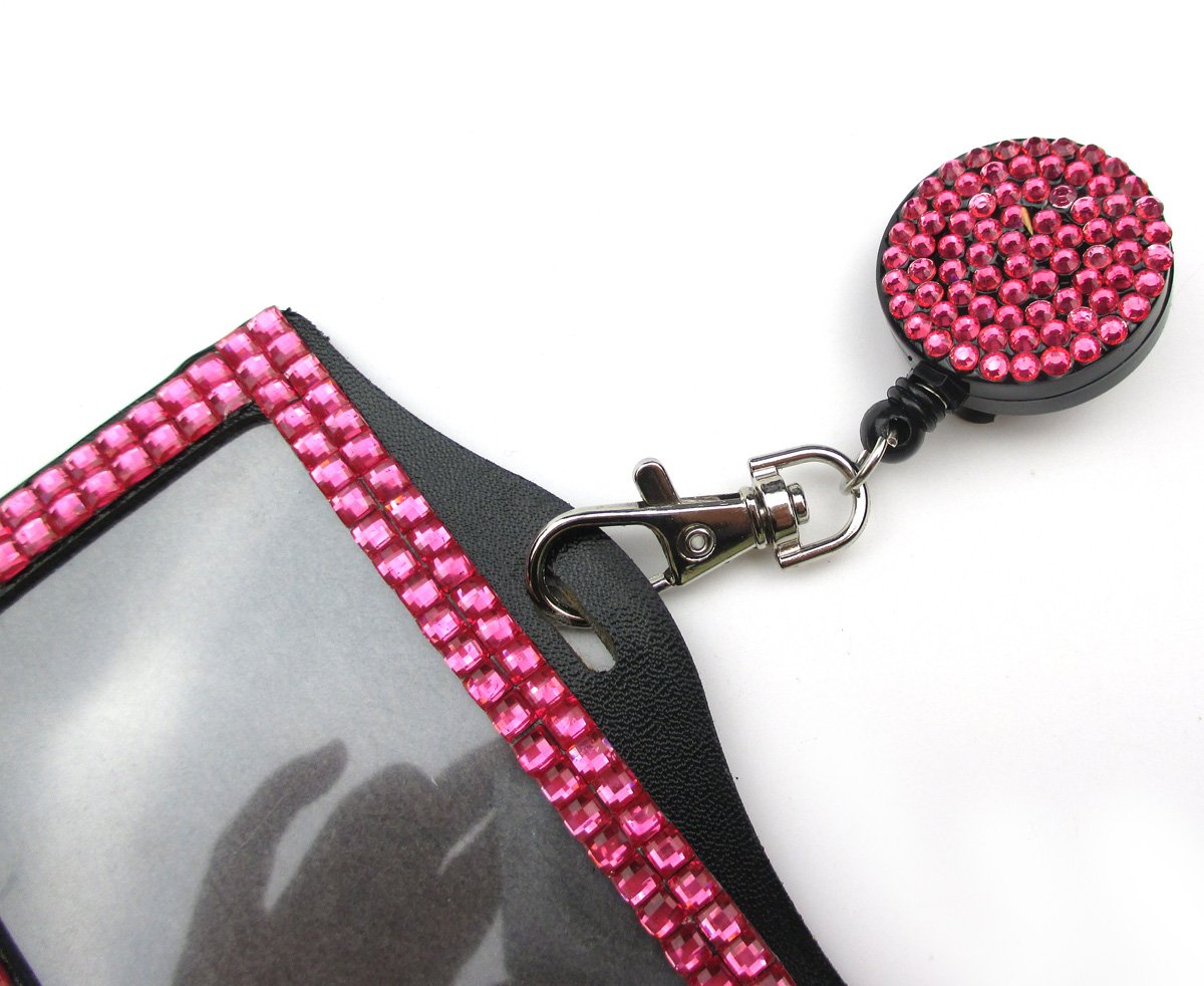 Sparkling Rhinestone Lanyard with Badge Reel & Horizontal Card Holder - All-in-One Business ID/Key Necklace (Pink) | Perfect for Nurses, Teachers, Office Professionals & Event Staff