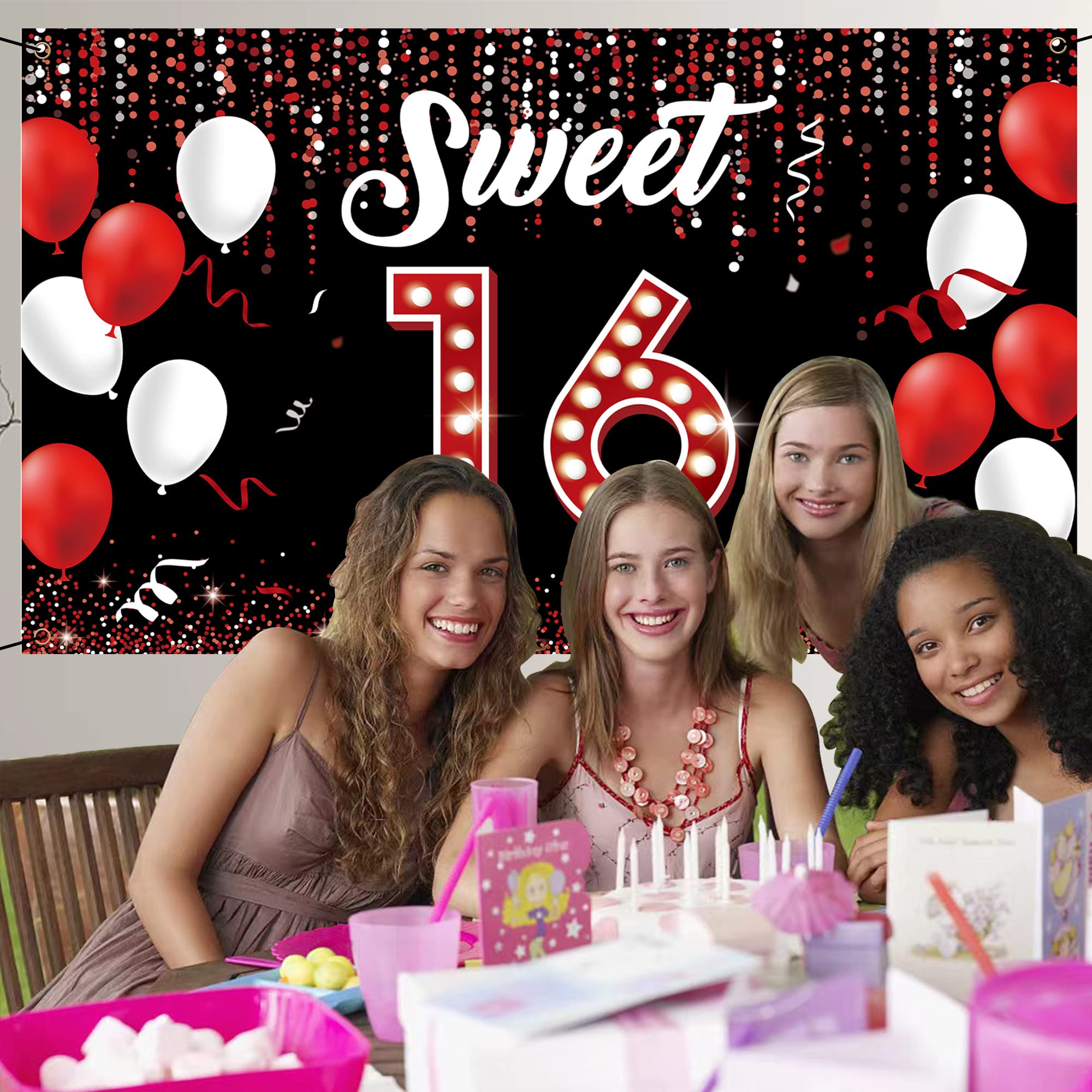 Sweet 16 Birthday Backdrop Banner - Happy 16th Birthday Decorations for Girls & Boys - Red & Black Sweet Sixteen Party Supplies - Indoor/Outdoor Yard Sign & Photo Booth Props - Premium Fabric Decor by Vicycaty - Perfect for Birthday Parties, Photo Shoots & Celebrations
