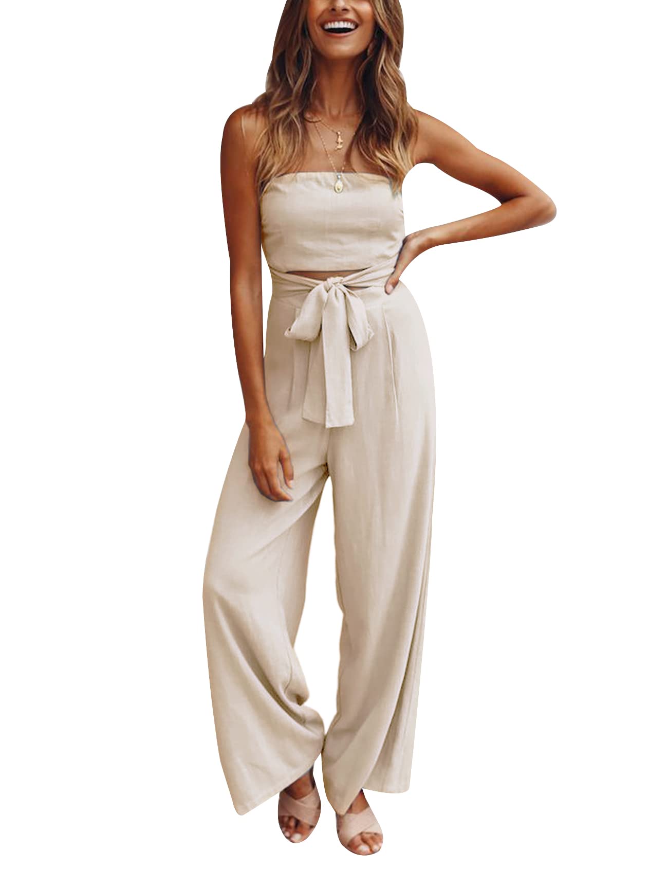 Gihuo Women's Strapless Wide Leg Jumpsuit with Belt - Off Shoulder Romper with Cutout Design | Summer Beach Outfit, Party Wear, Casual Fashion